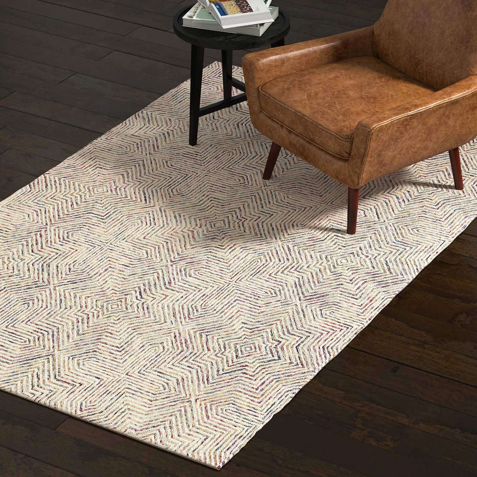 Geometric Wool Area Rug – Ivory, Red & Purple Southwestern Pattern
