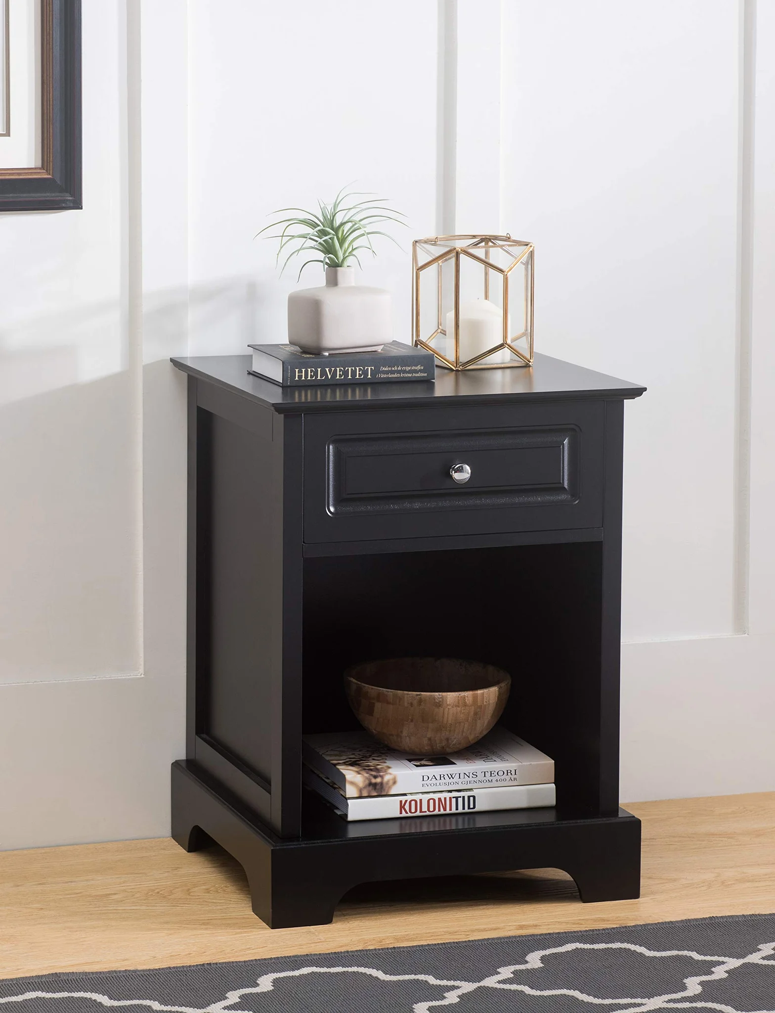 Black Wood Side Table with Drawer and Open Shelf