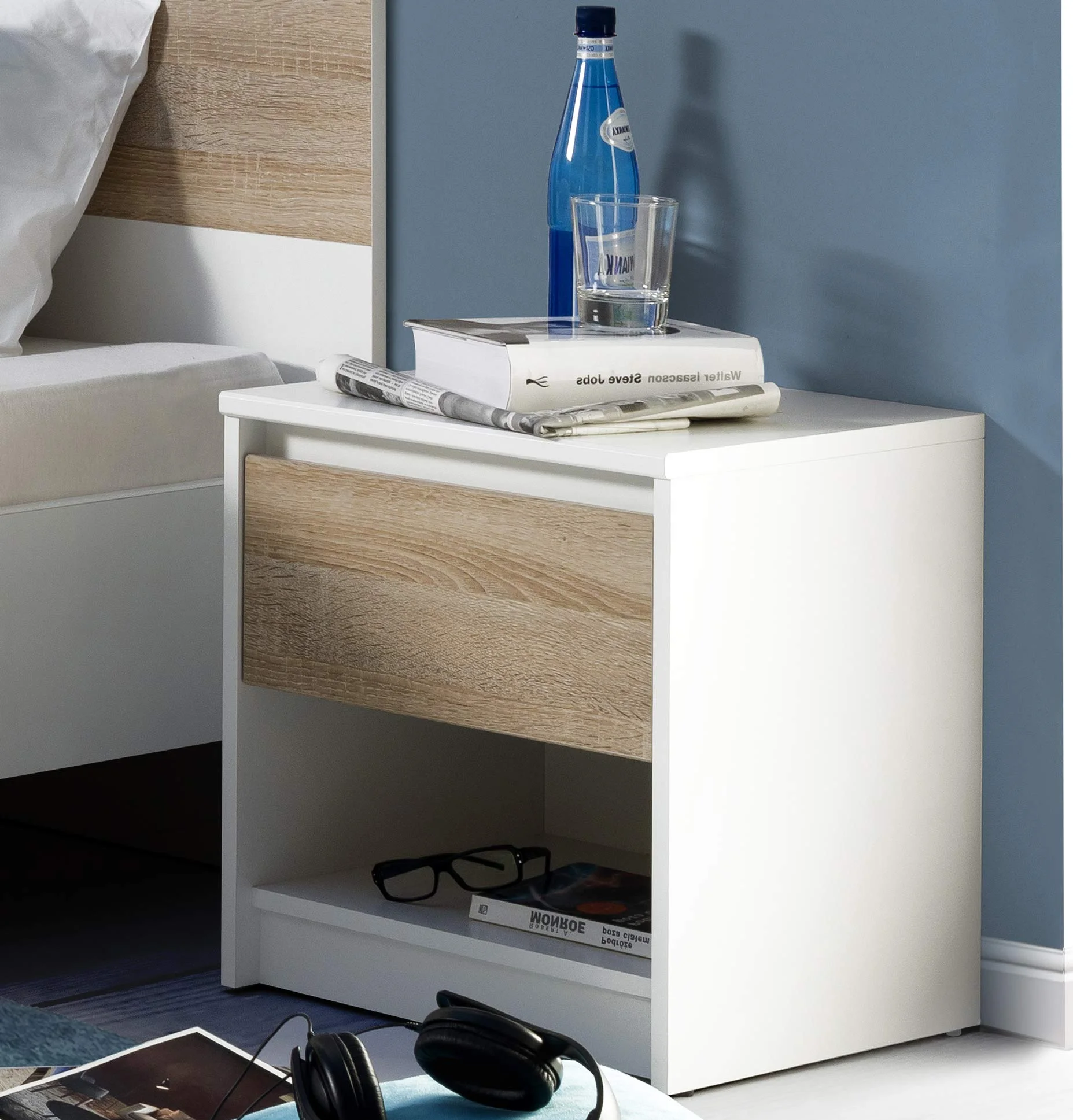 Modern Scandinavian Nightstand with Oak Drawer and Open Shelf