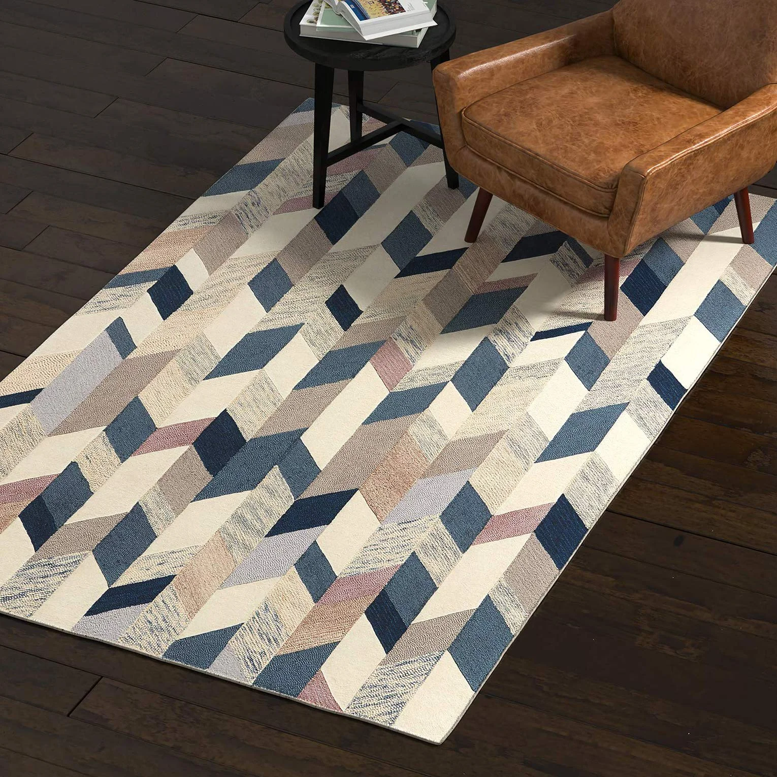 Modern Geometric Chevron Wool Area Rug – Blue Grey Brown