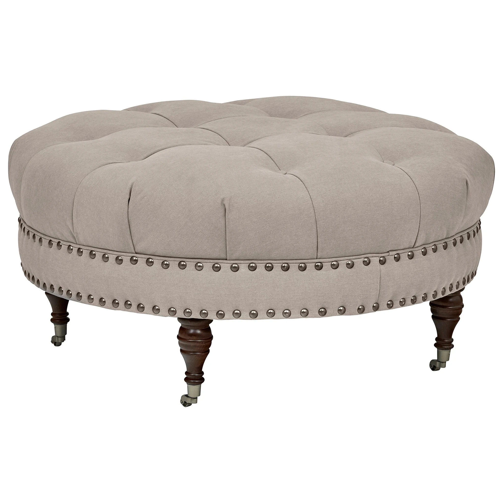 Round Tufted Ottoman with Nailhead Trim and Caster Legs