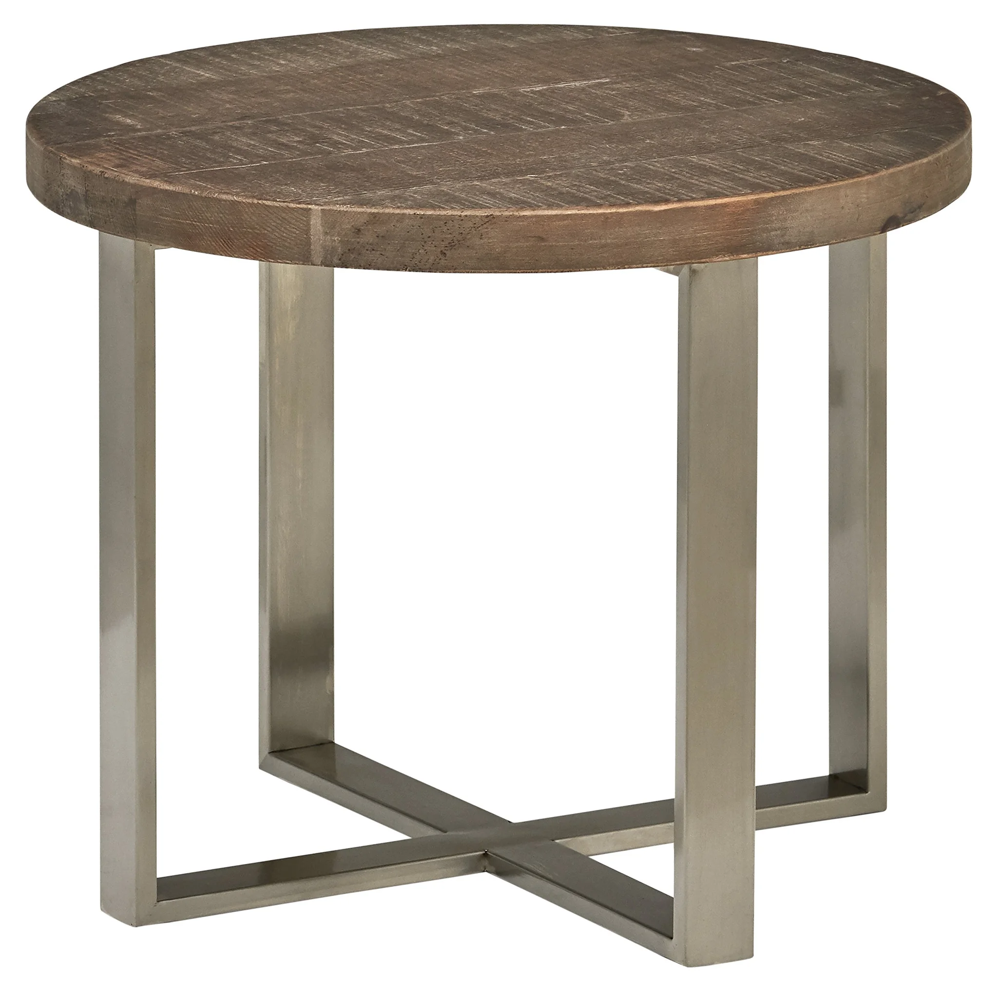 Round Reclaimed Wood End Table with Steel Cross Base