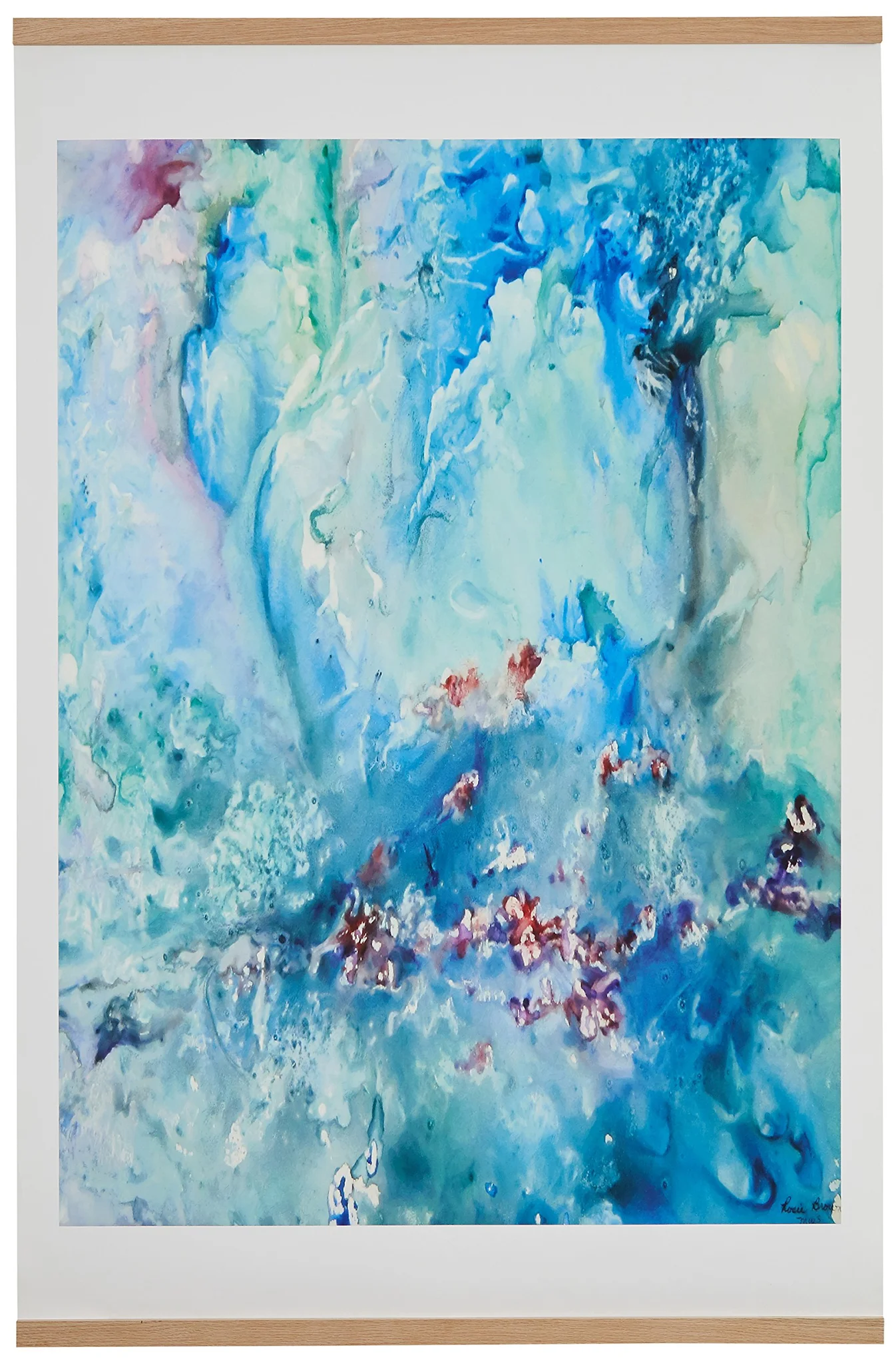 Abstract Watercolor Ocean Print with Oak Hanger Frame