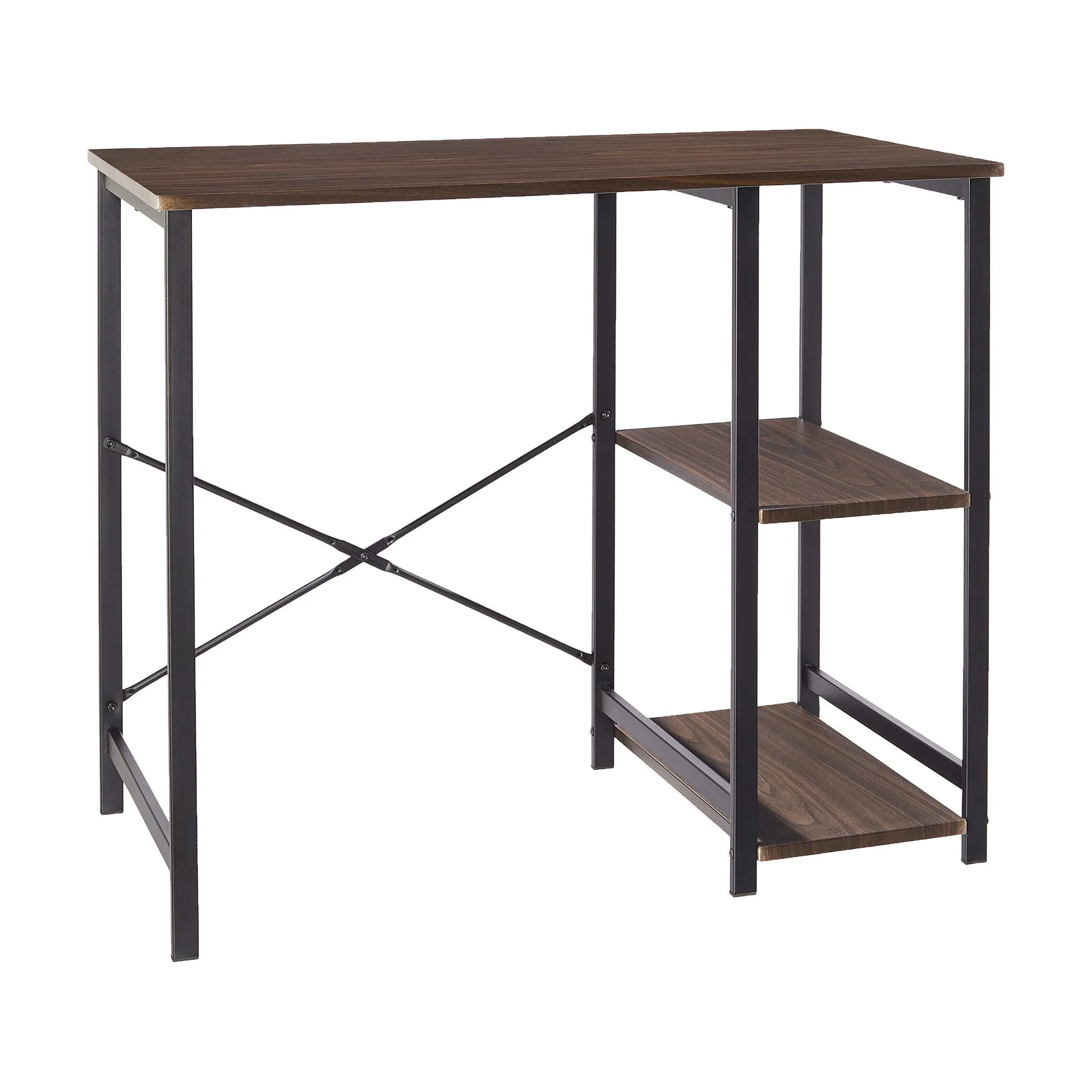 Industrial Espresso Wood & Metal Computer Desk with Side Shelves