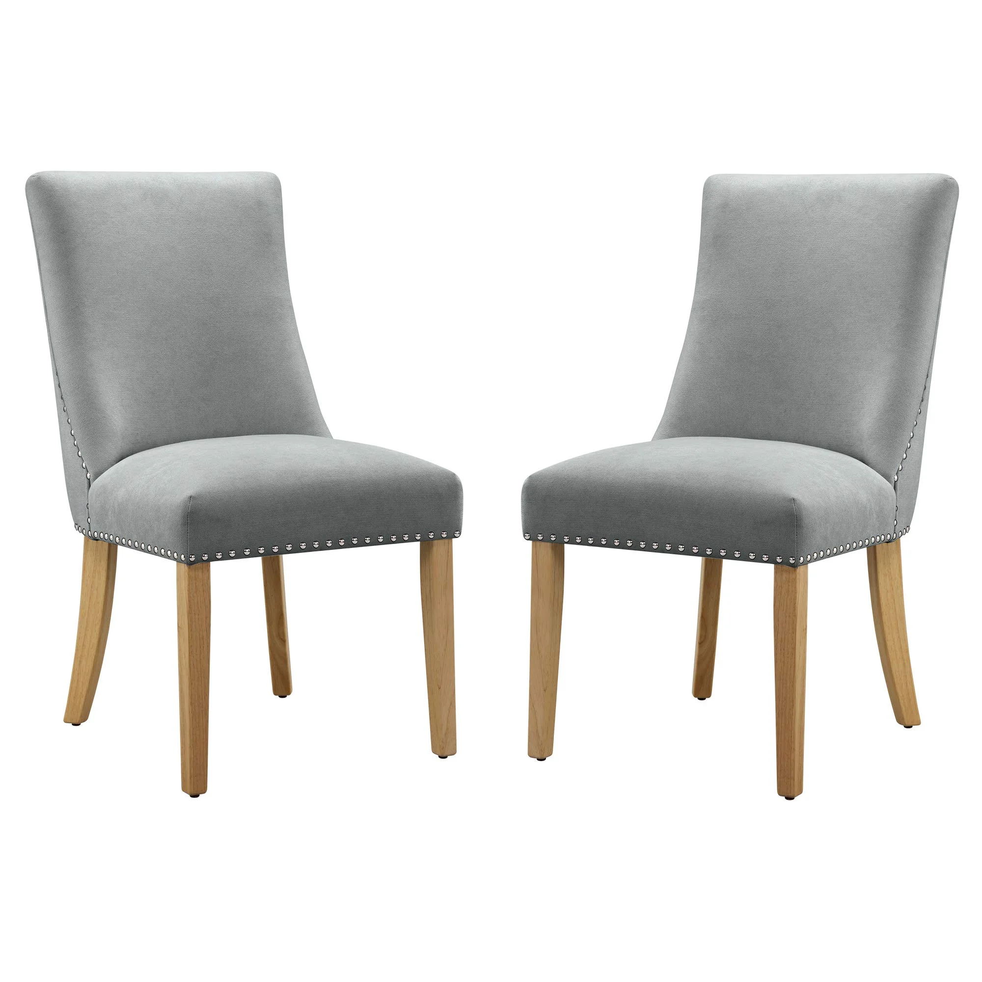 Gray Velvet Upholstered Dining Chair Set with Nailhead Trim and Natural Wood Legs