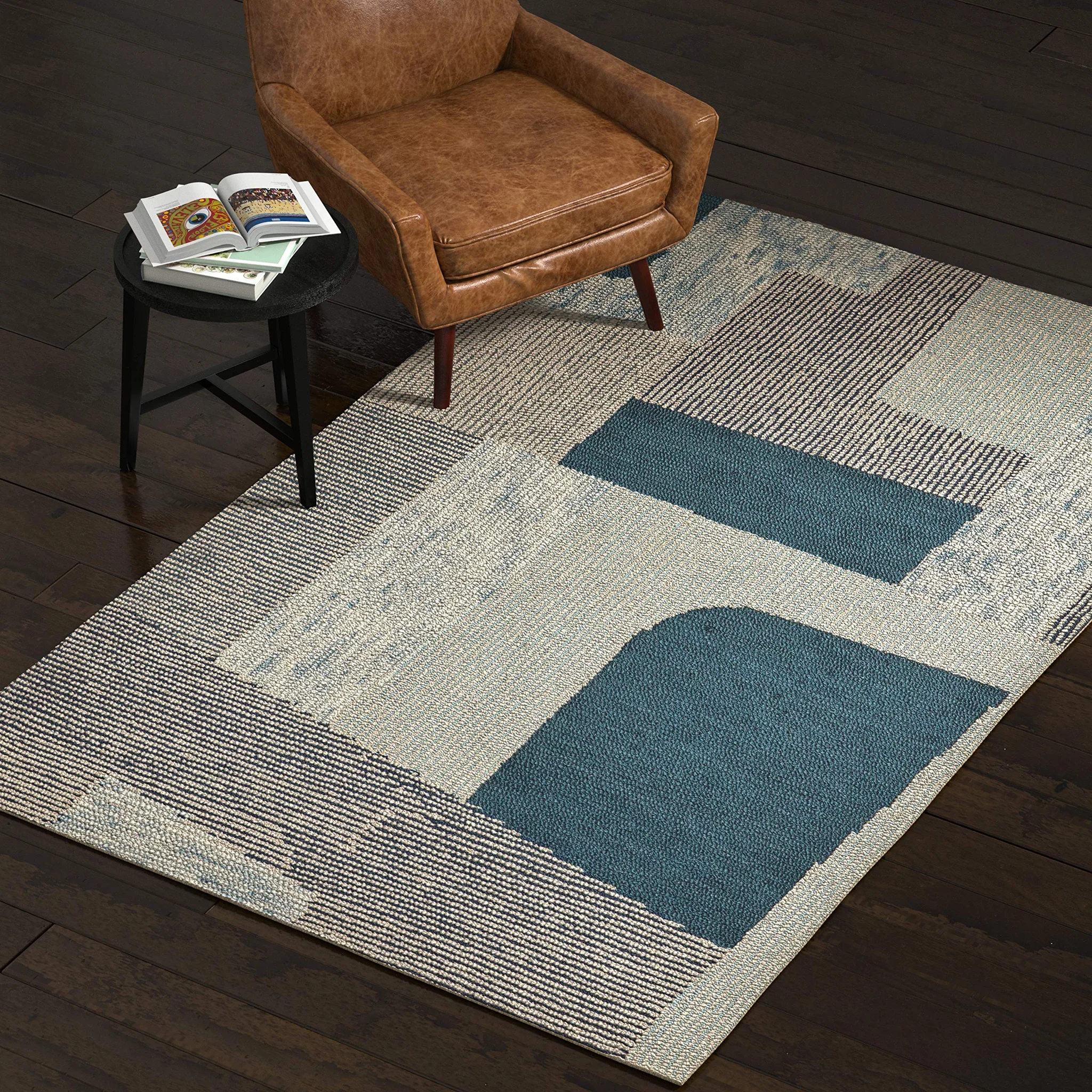 Modern Geometric Area Rug – Teal & Ivory Abstract Pattern