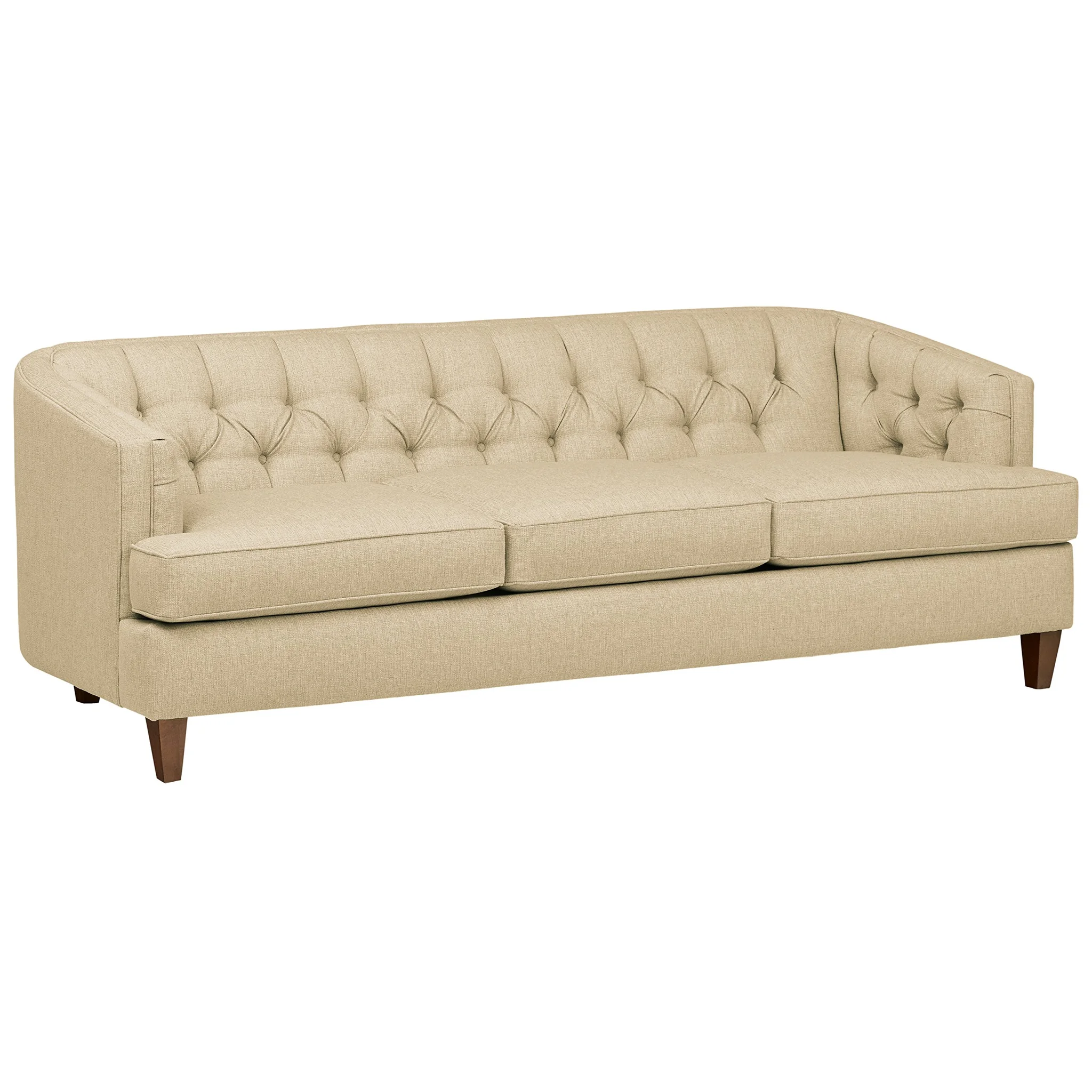 Tufted Chesterfield Sofa – Beige Linen Upholstery with Walnut Legs