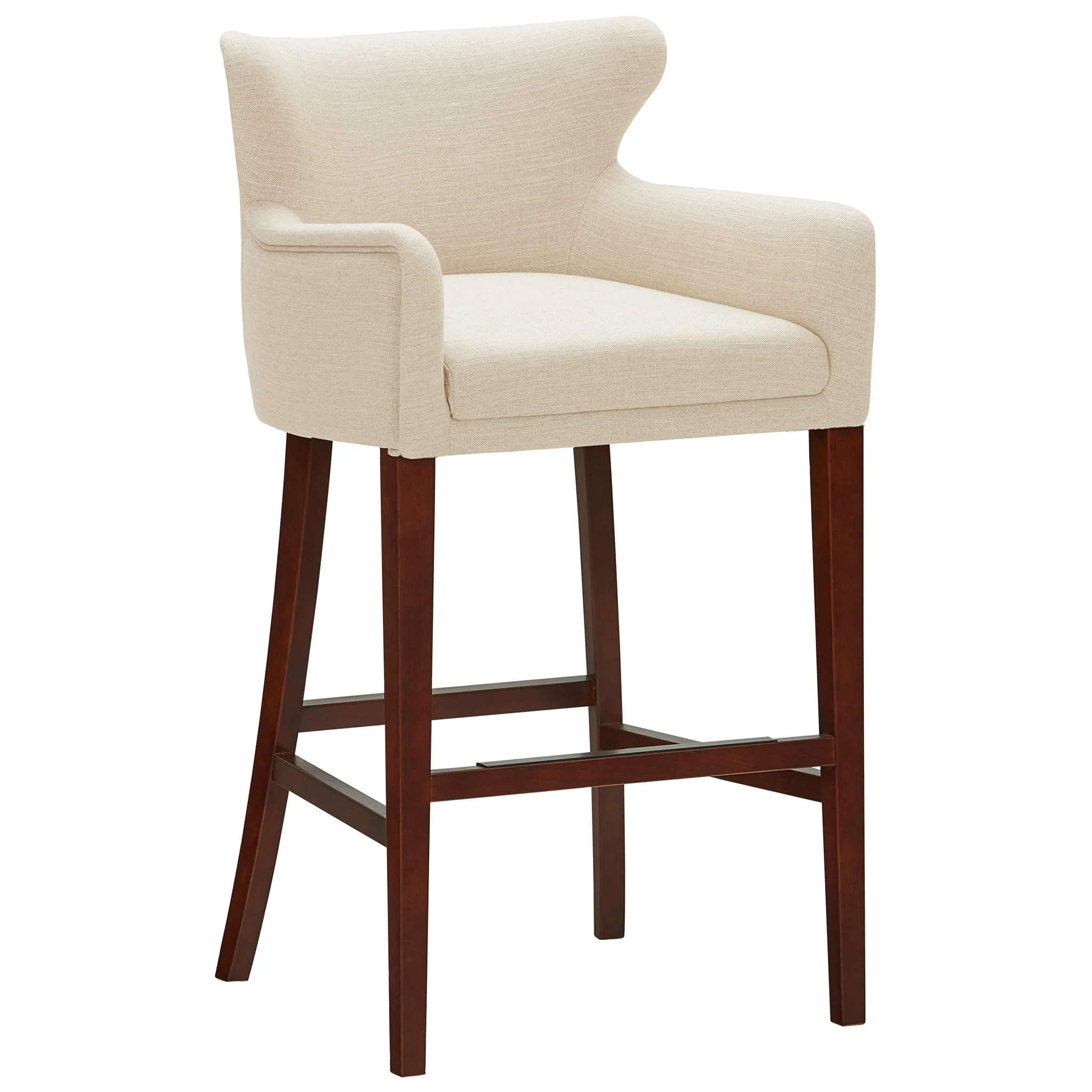 Upholstered Bar Stool with Arms – Beige Linen & Walnut Wood Frame