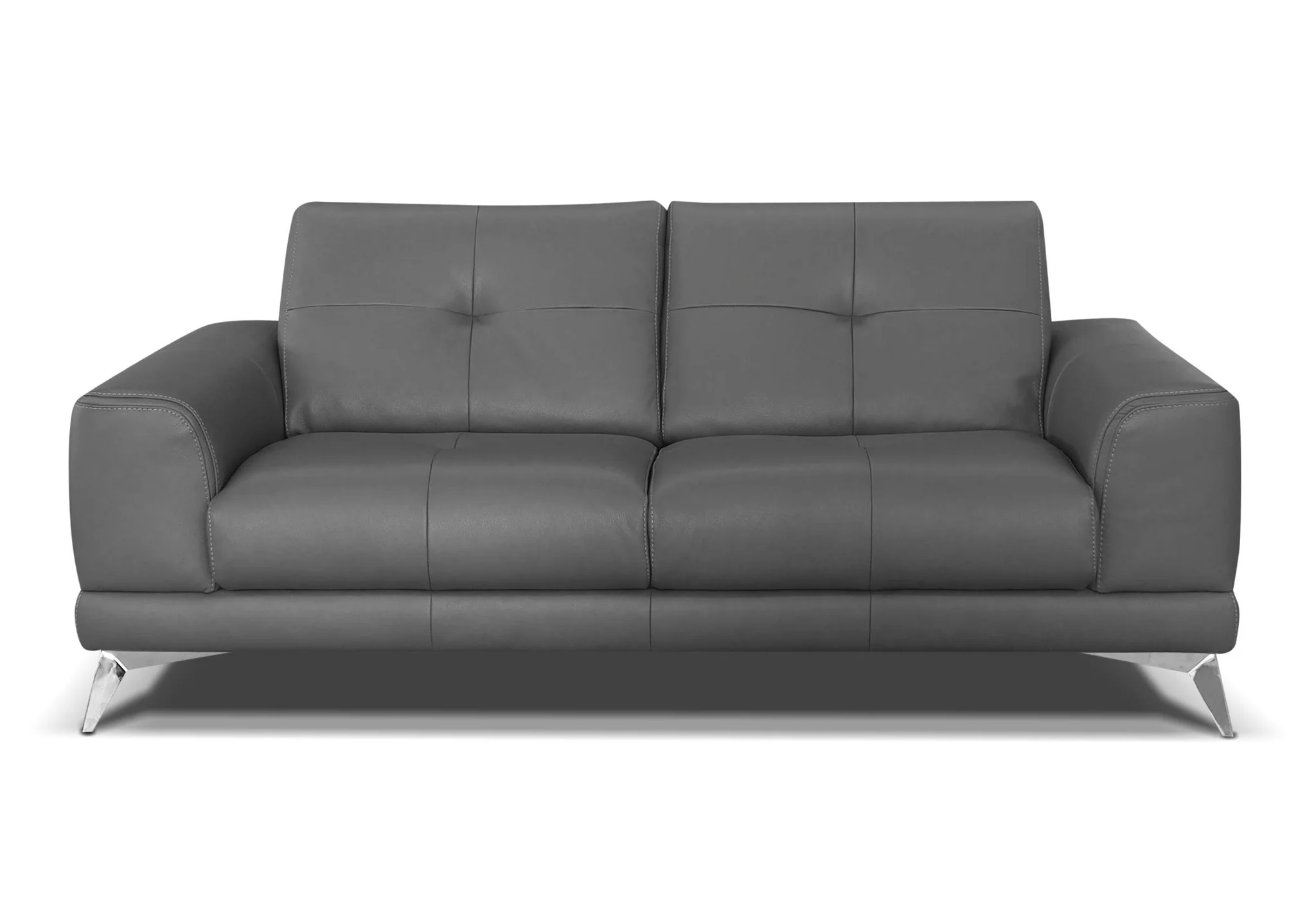 Modern Grey Leather Two-Seater Sofa with Chrome Legs