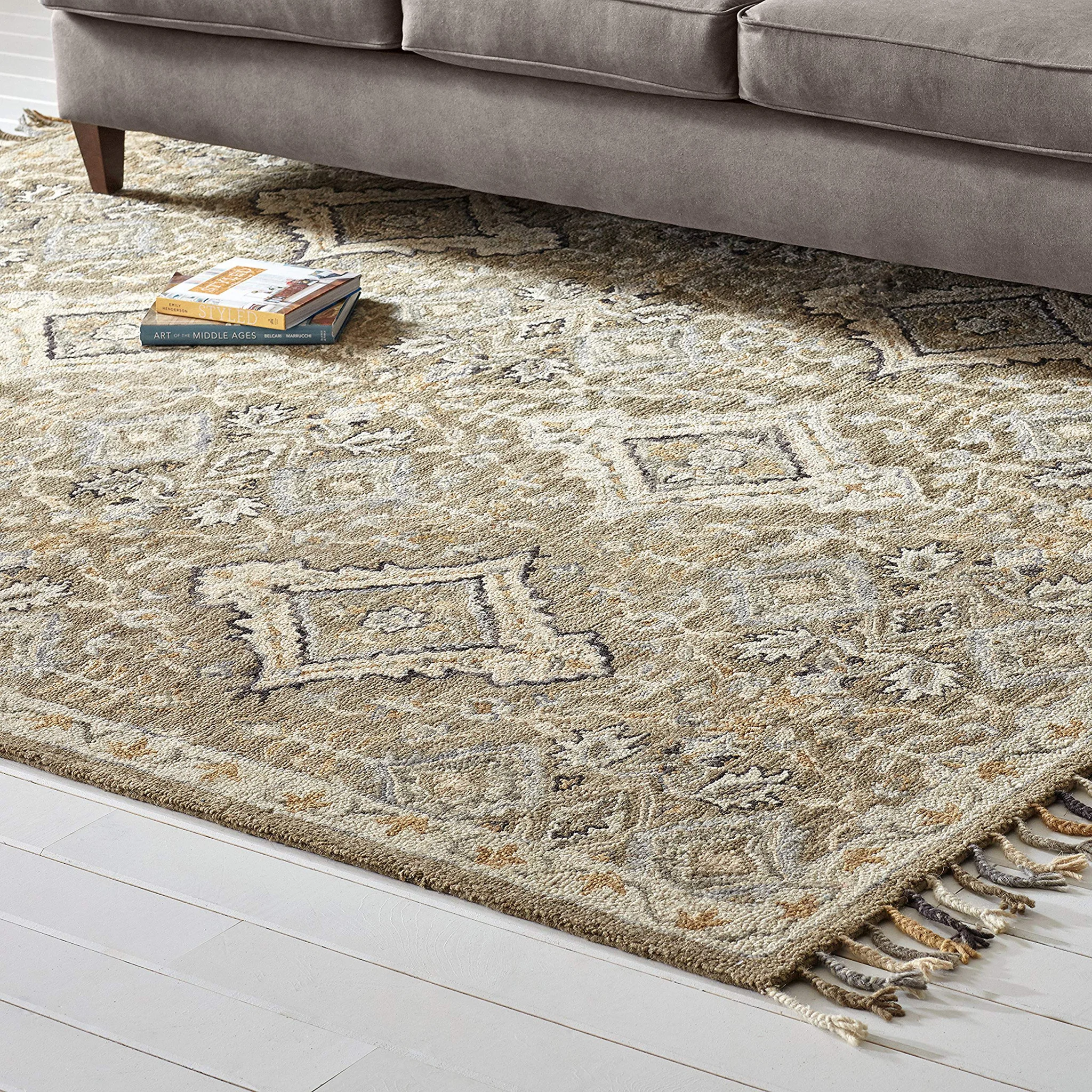 Moroccan Medallion Wool Area Rug with Tassels – Neutral Beige Bohemian Style