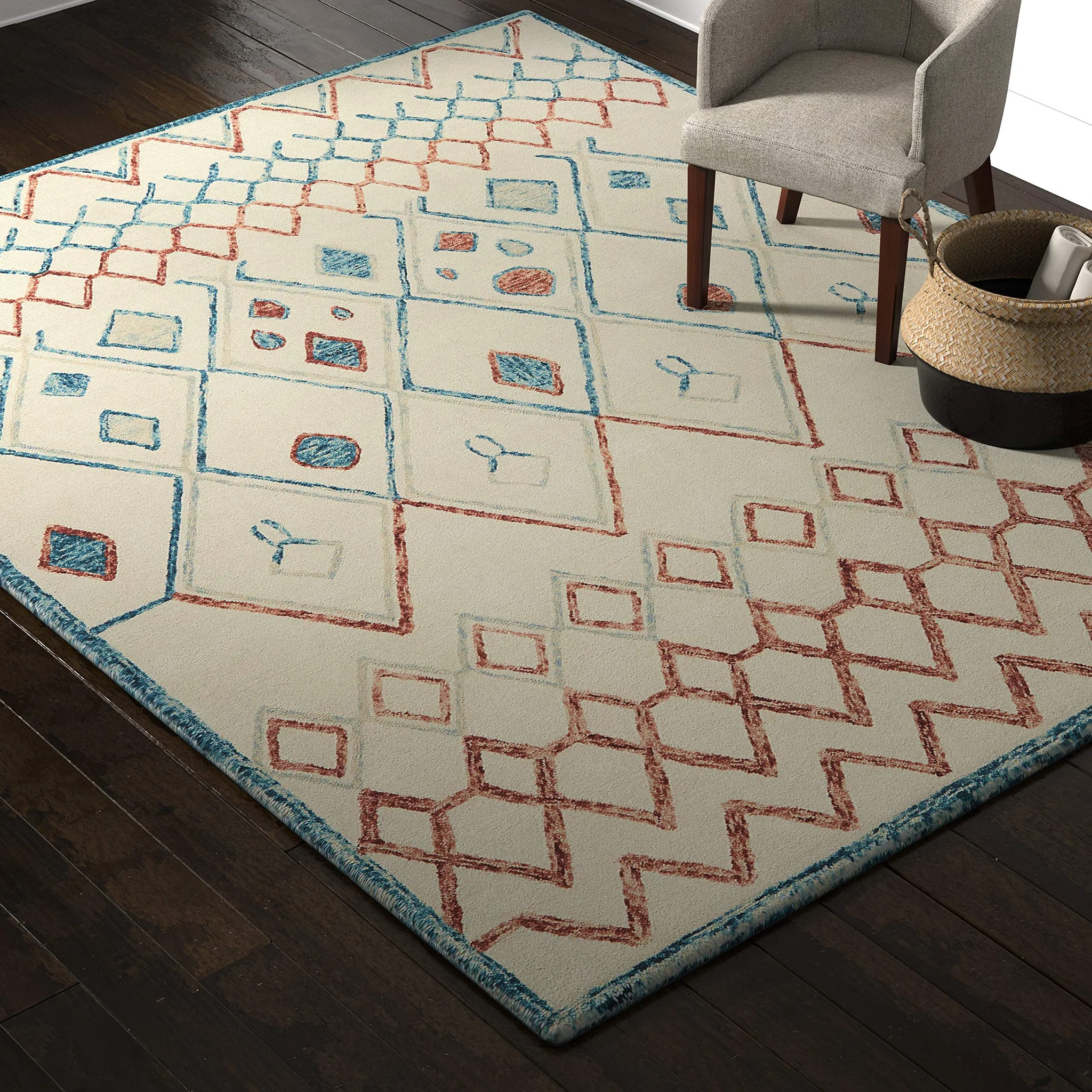 Handtufted Bohemian Diamond Pattern Area Rug – Cream, Orange & Blue