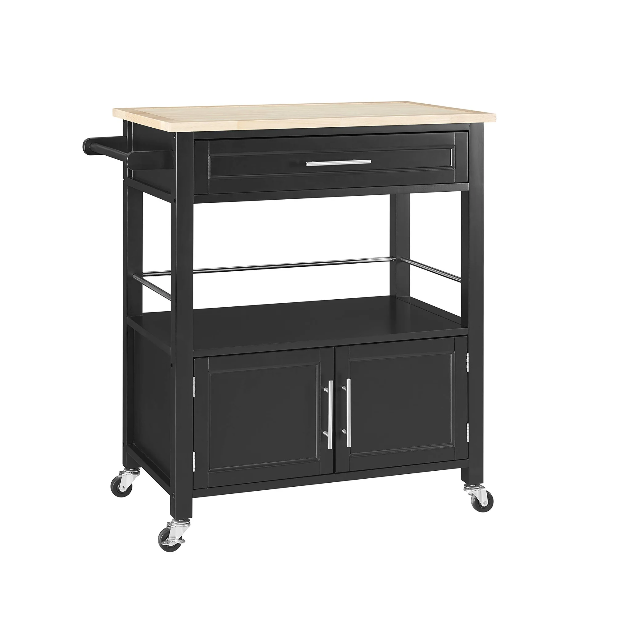 Black Kitchen Cart with Wood Top and Storage Cabinet