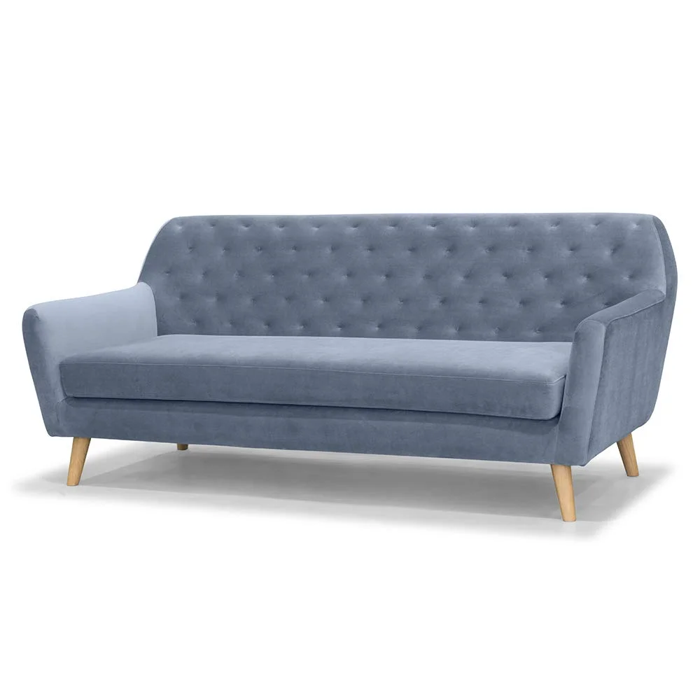 Mid-Century Scandinavian 3-Seater Tufted Velvet Sofa – Dust Blue