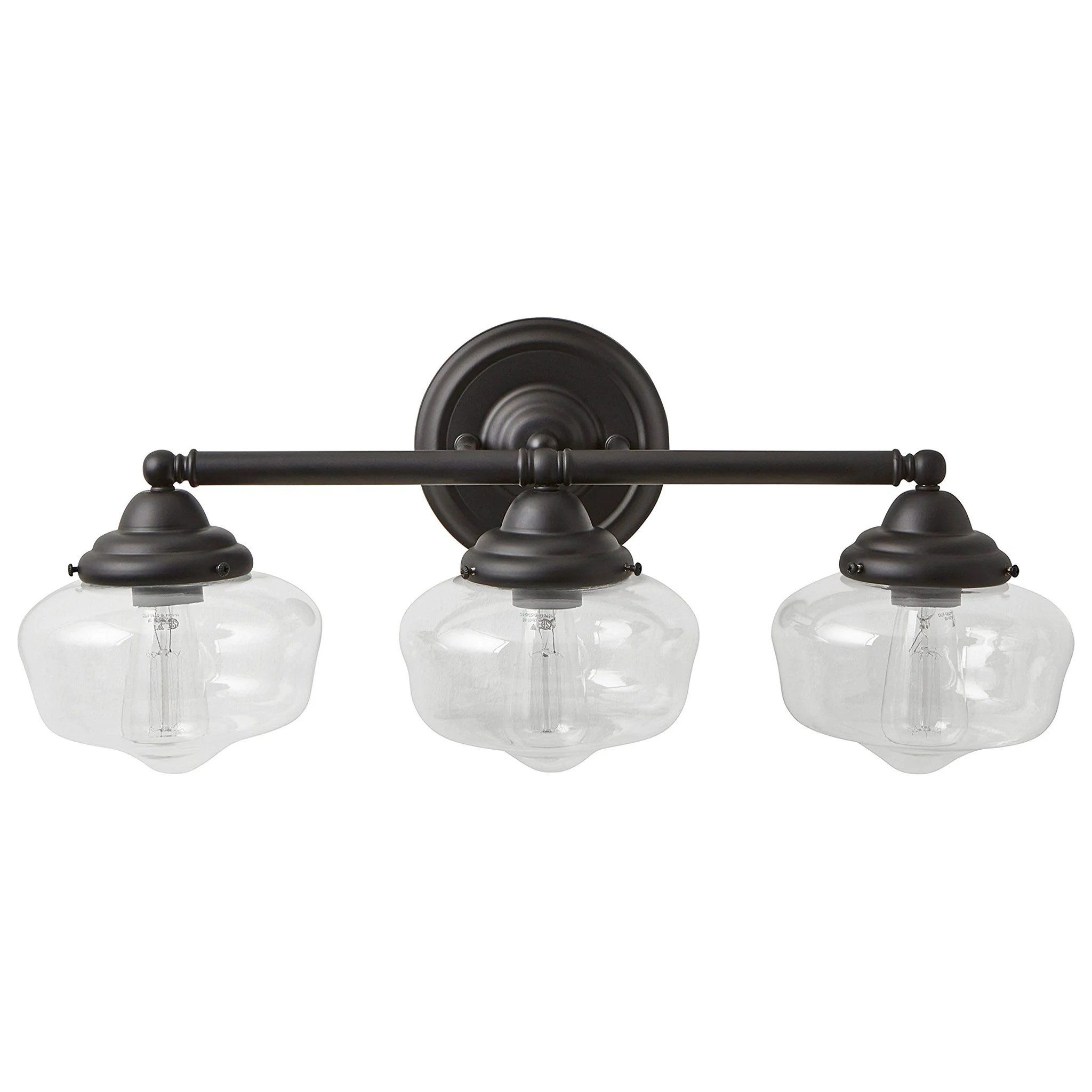 Matte Black 3-Light Schoolhouse Vanity Wall Fixture with Clear Glass Shades