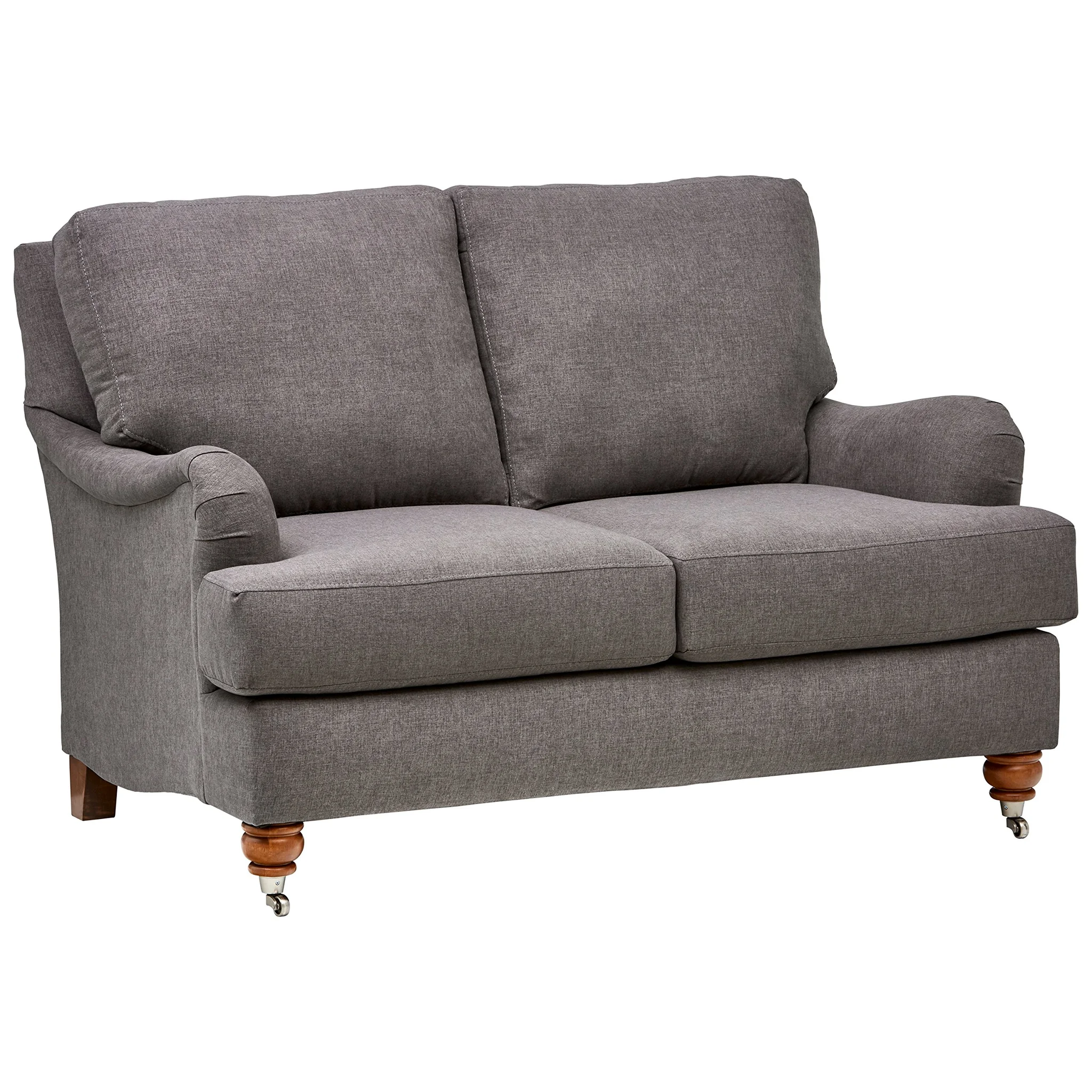 Farmhouse Charles of London Loveseat – Grey Fabric with Turned Wood Legs