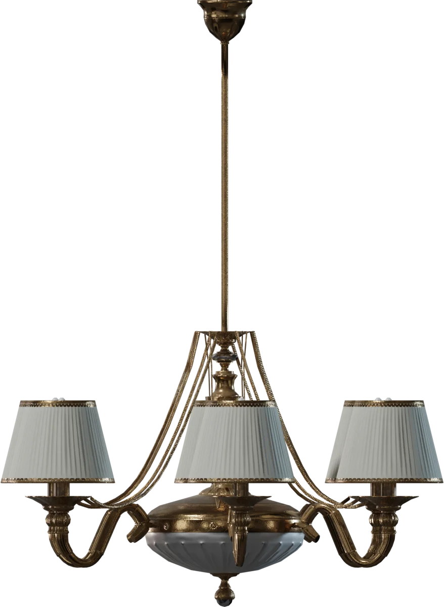 Classic Brass Chandelier with White Fabric Shades, 3D model preview 3