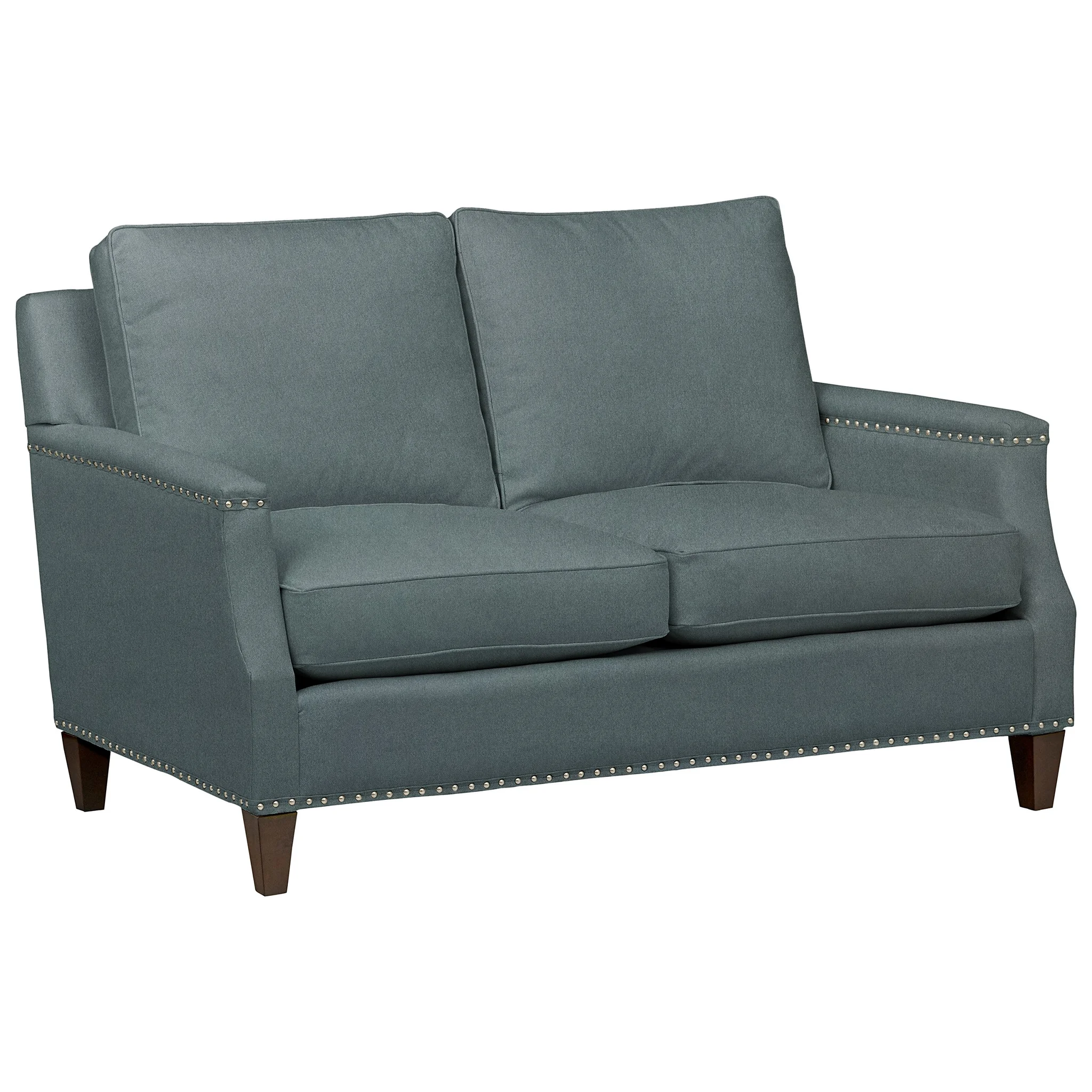 Teal Fabric Loveseat with Nailhead Trim and Tapered Wood Legs