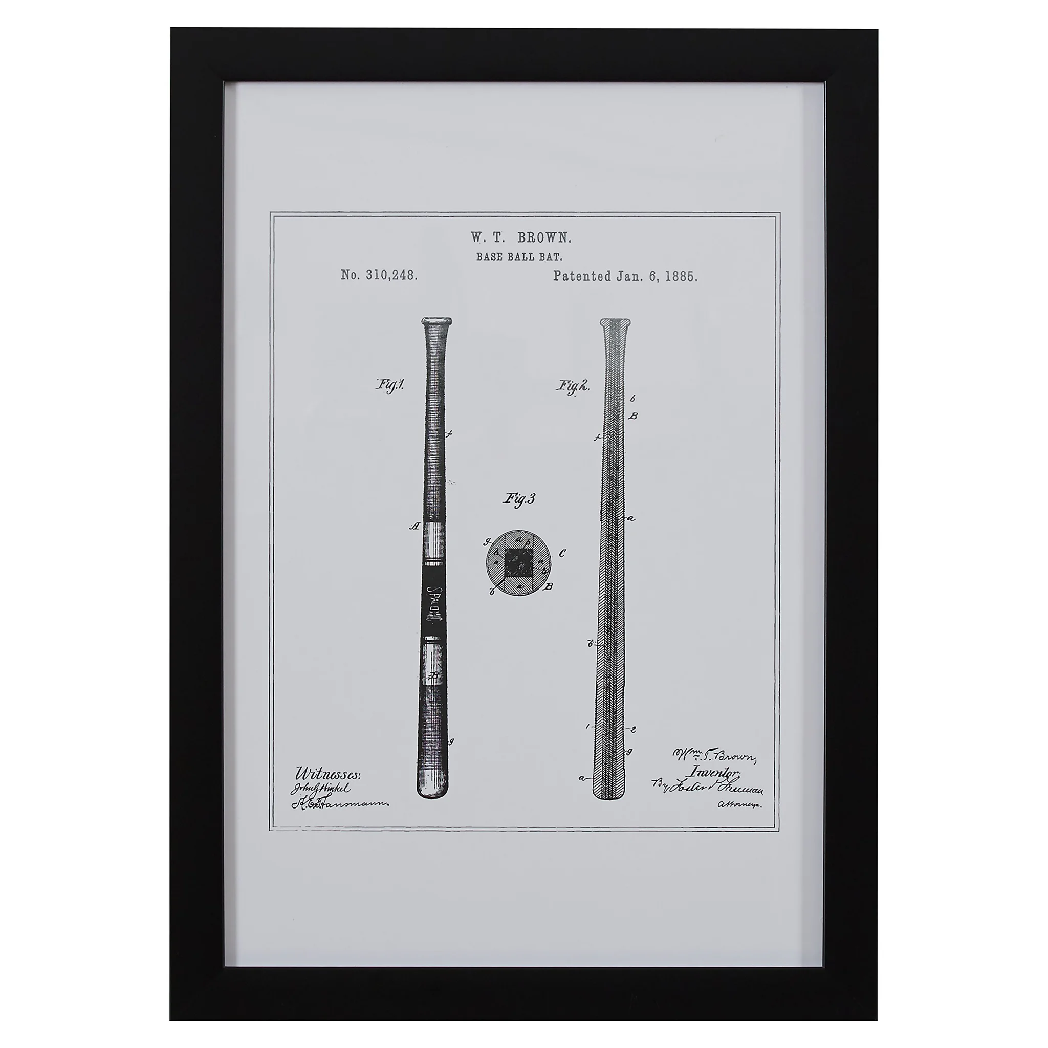 Framed 1885 Baseball Bat Patent Print Wall Art