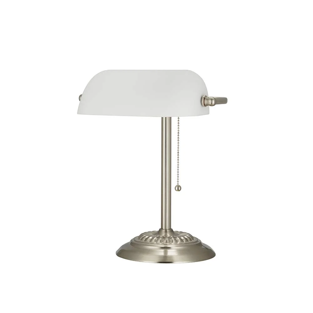 Classic Banker's Desk Lamp – Brushed Nickel with Frosted Glass Shade