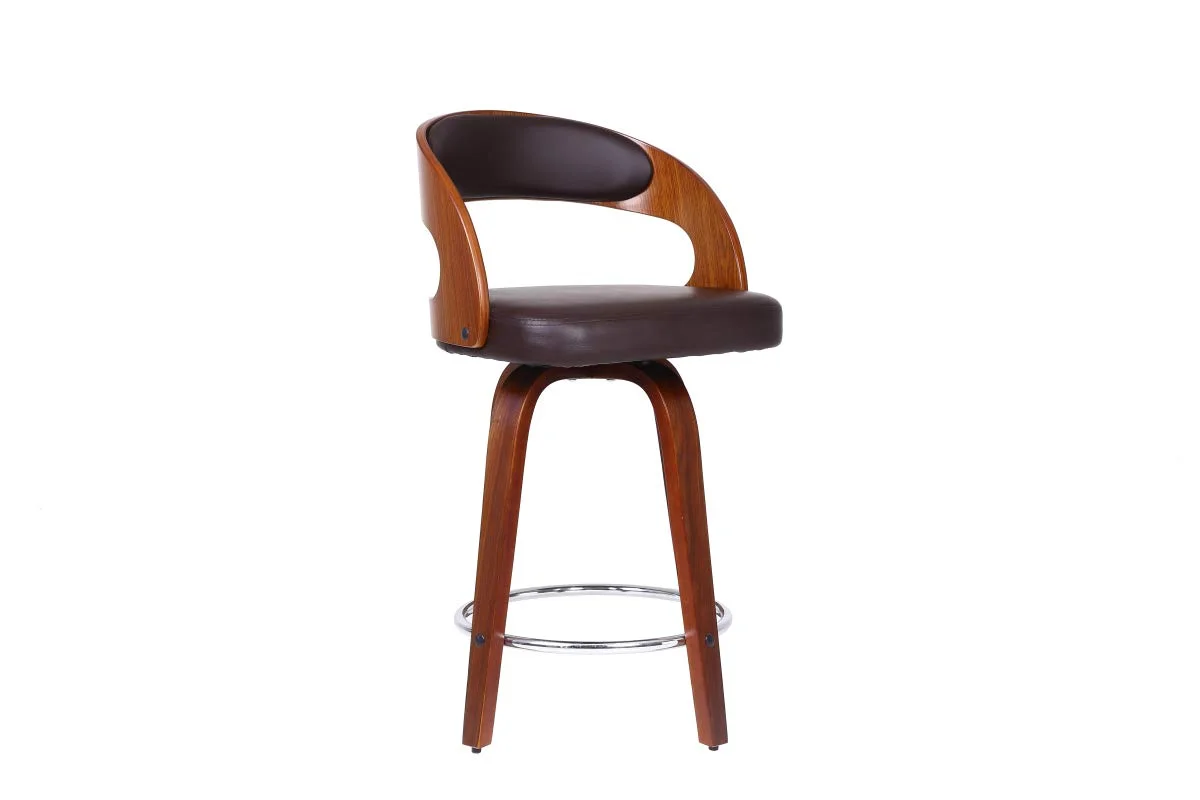 Mid-Century Modern Swivel Bar Stool with Walnut Wood Frame and Brown Faux Leather
