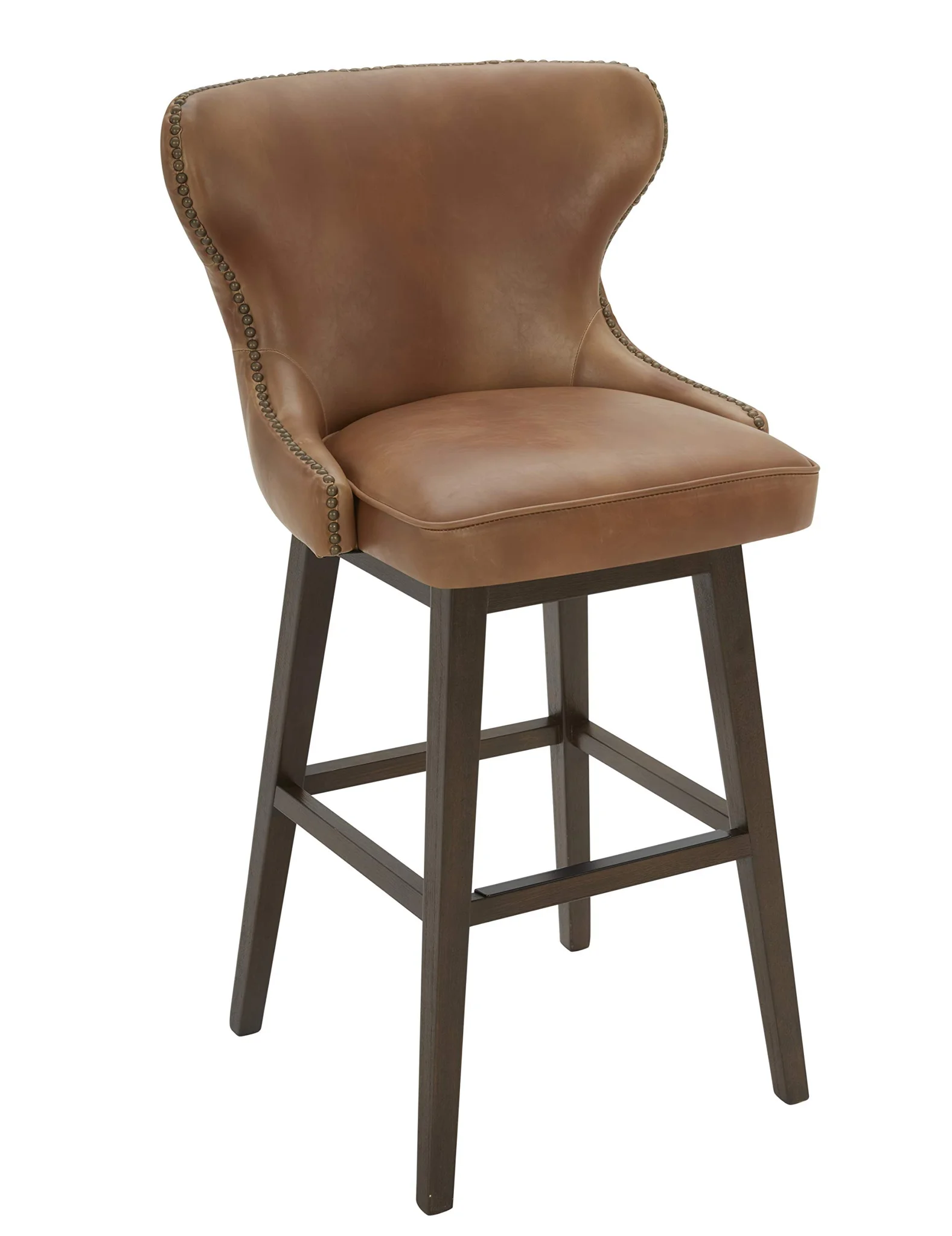 Wingback Leather Bar Stool with Nailhead Trim and Wood Frame