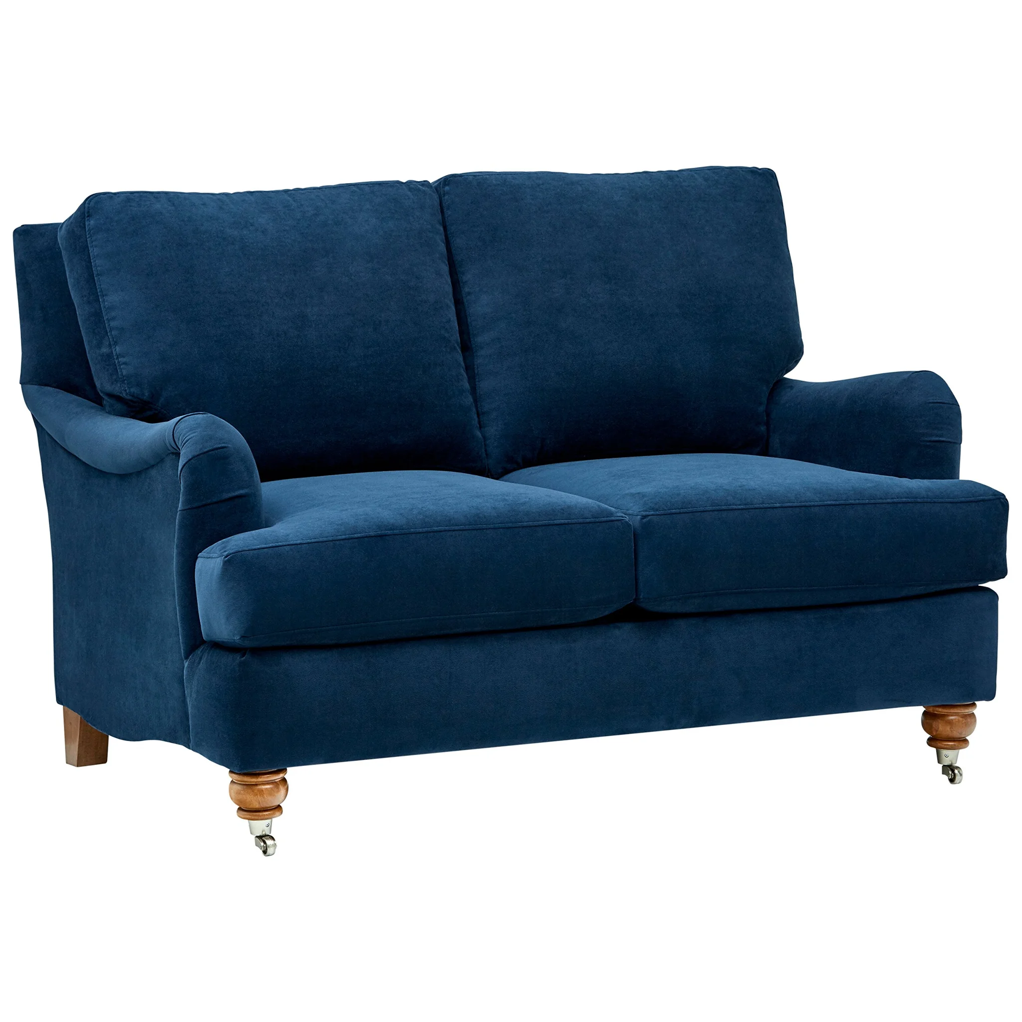 Navy Blue Velvet Farmhouse Loveseat with Rolled Arms and Caster Legs