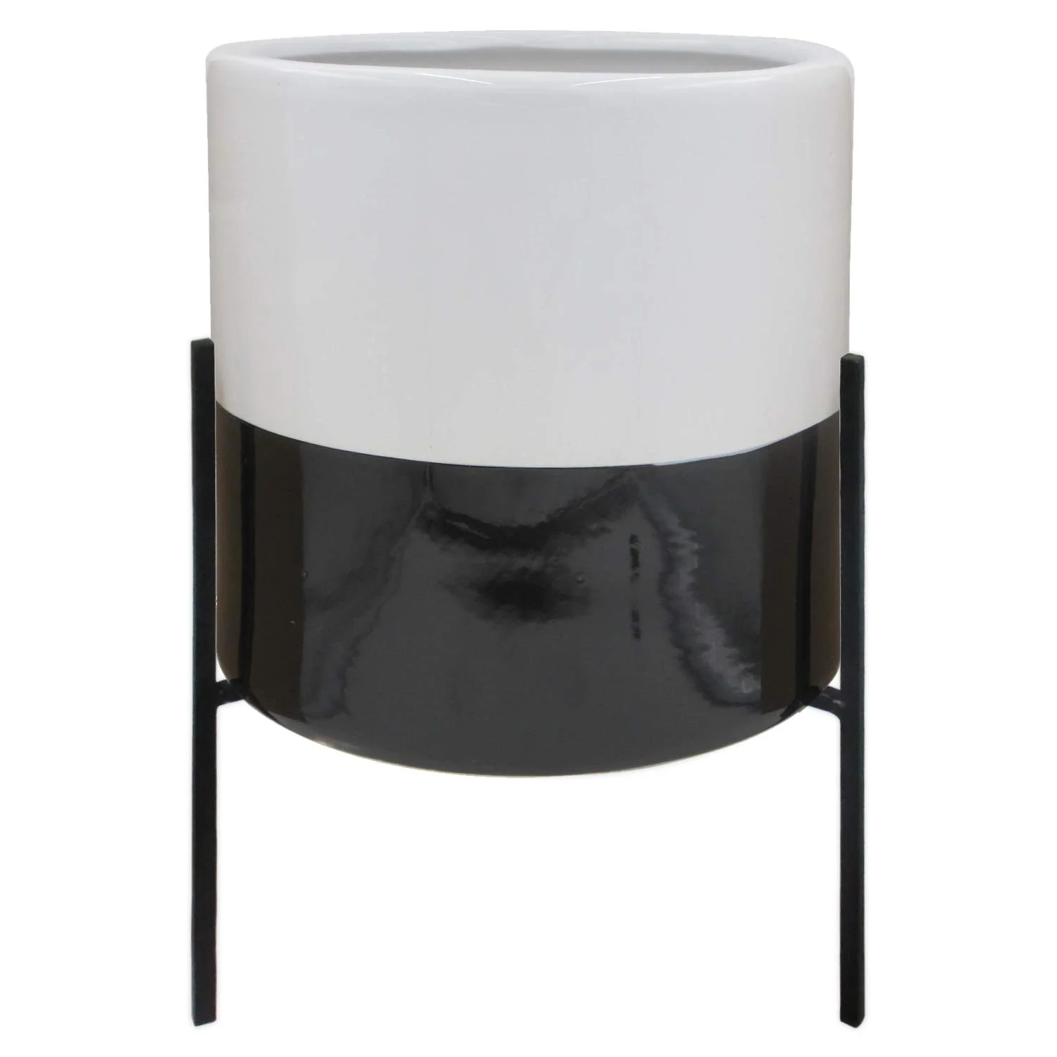 Mid-Century Ceramic Planter with Black Iron Stand