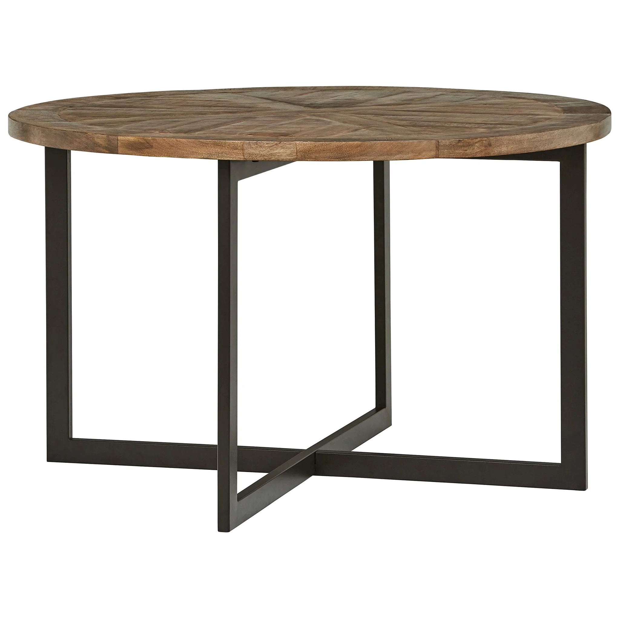Industrial Round Dining Table with Parquet Wood Top and Gunmetal Base