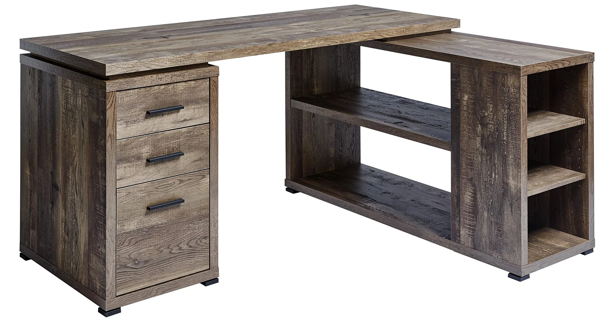 Rustic L-Shaped Office Desk with Drawers and Open Shelving