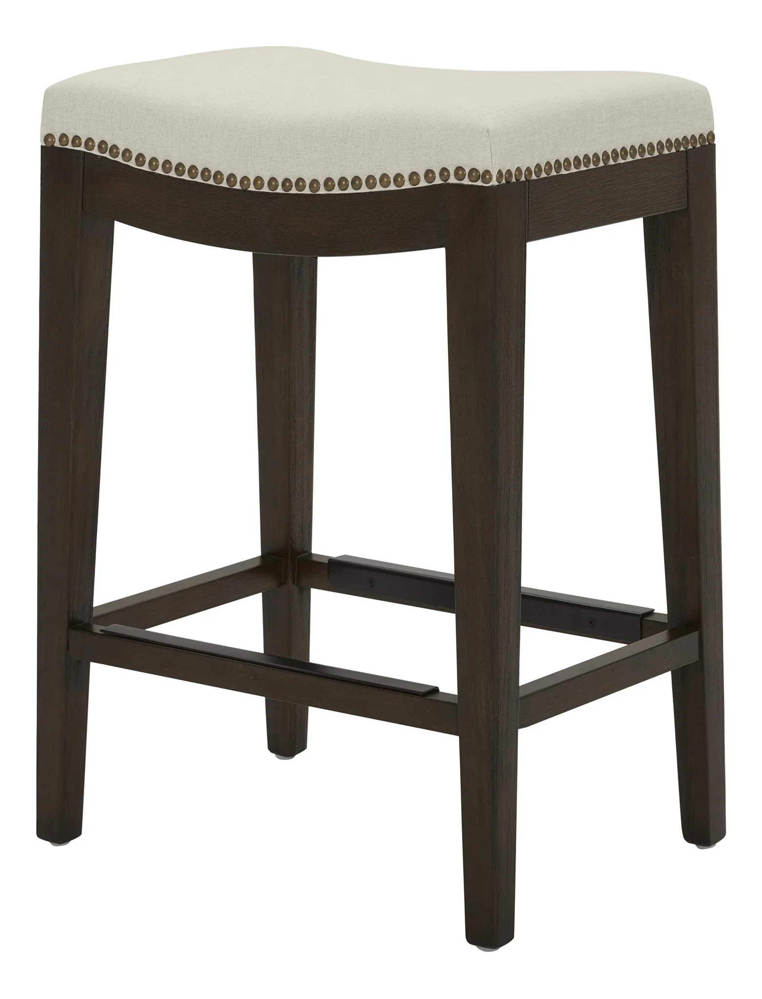 Saddle Counter Stool with Nailhead Trim and Dark Wood Frame