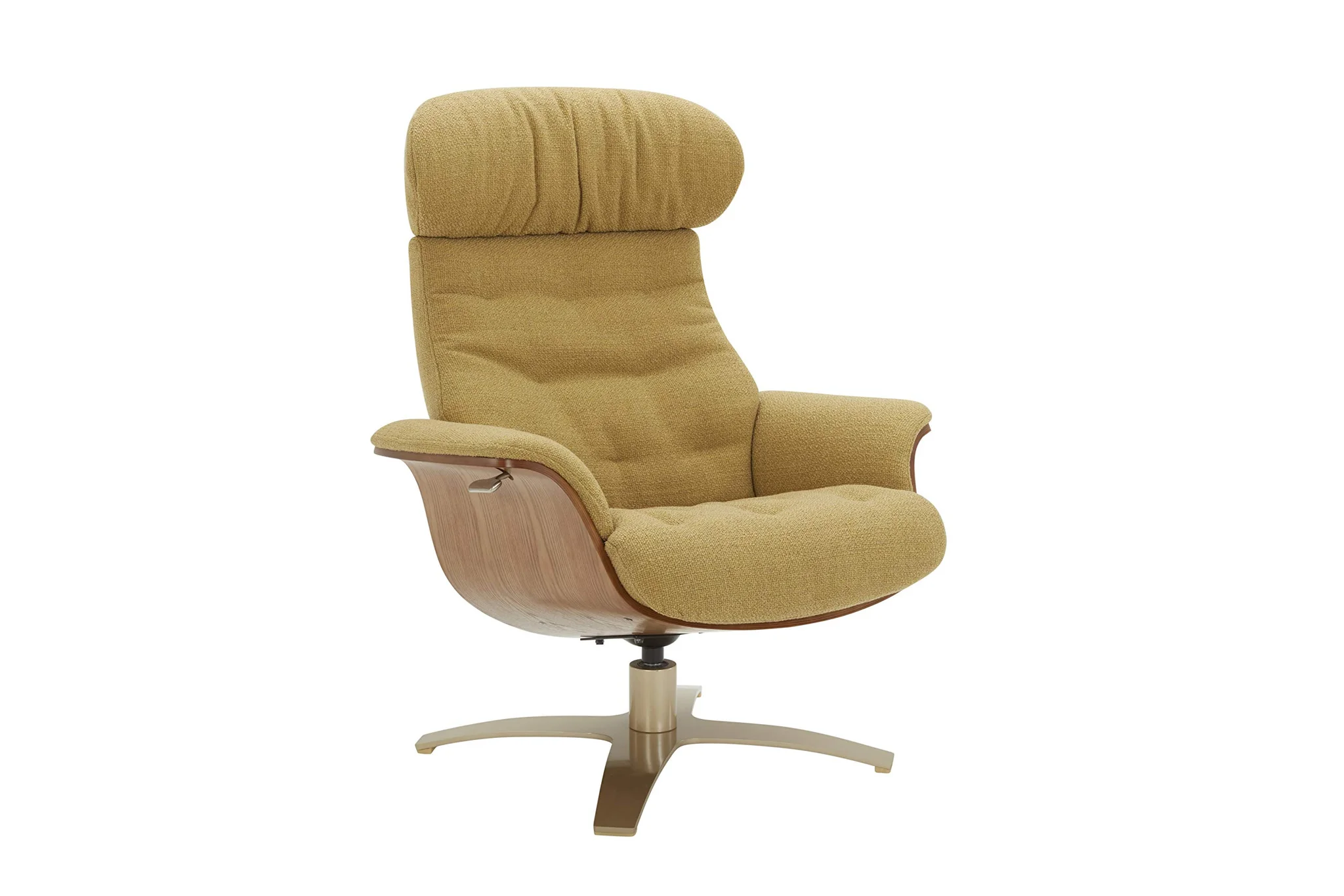 Mid-Century Modern Swivel Recliner Chair – Lemongrass Fabric with Walnut Shell & Brushed Brass Base