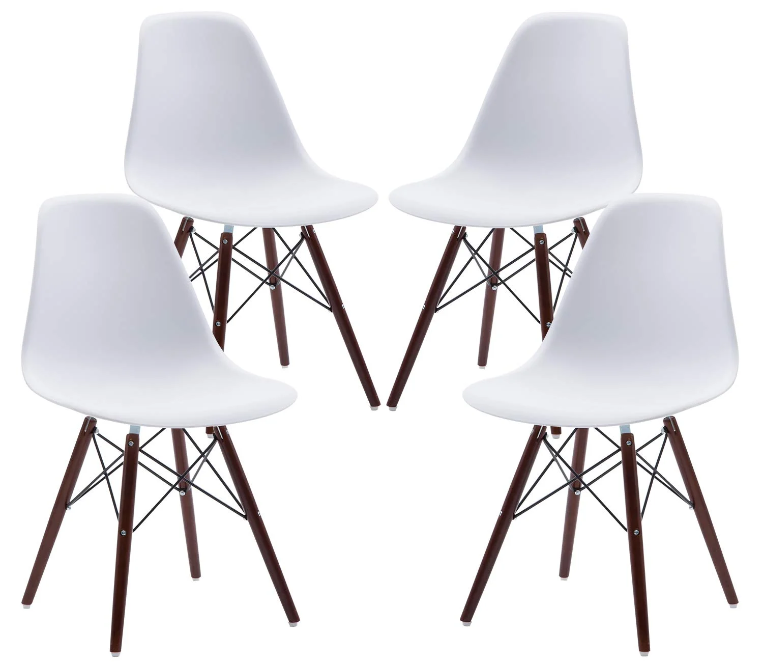 Mid-Century Modern DSW Dining Chair Set of 4 – White Plastic Shell with Walnut Wood Legs