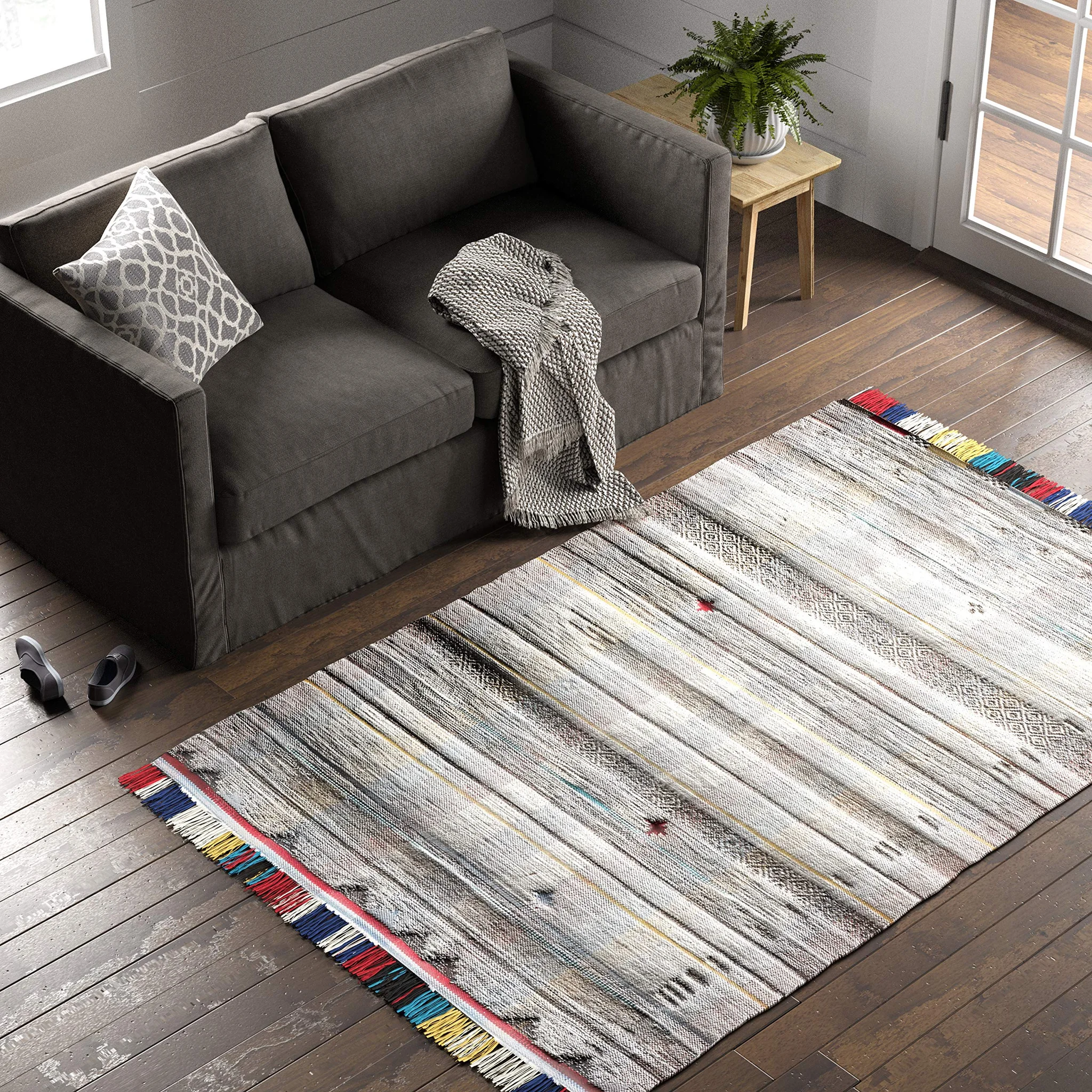 Boho Wool Area Rug with Colorful Fringe – Tan Multi Gabbeh Style