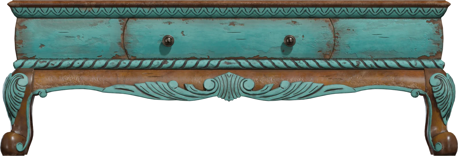 Ornate Distressed Turquoise Coffee Table with Carved Wood Details, 3D model preview 2