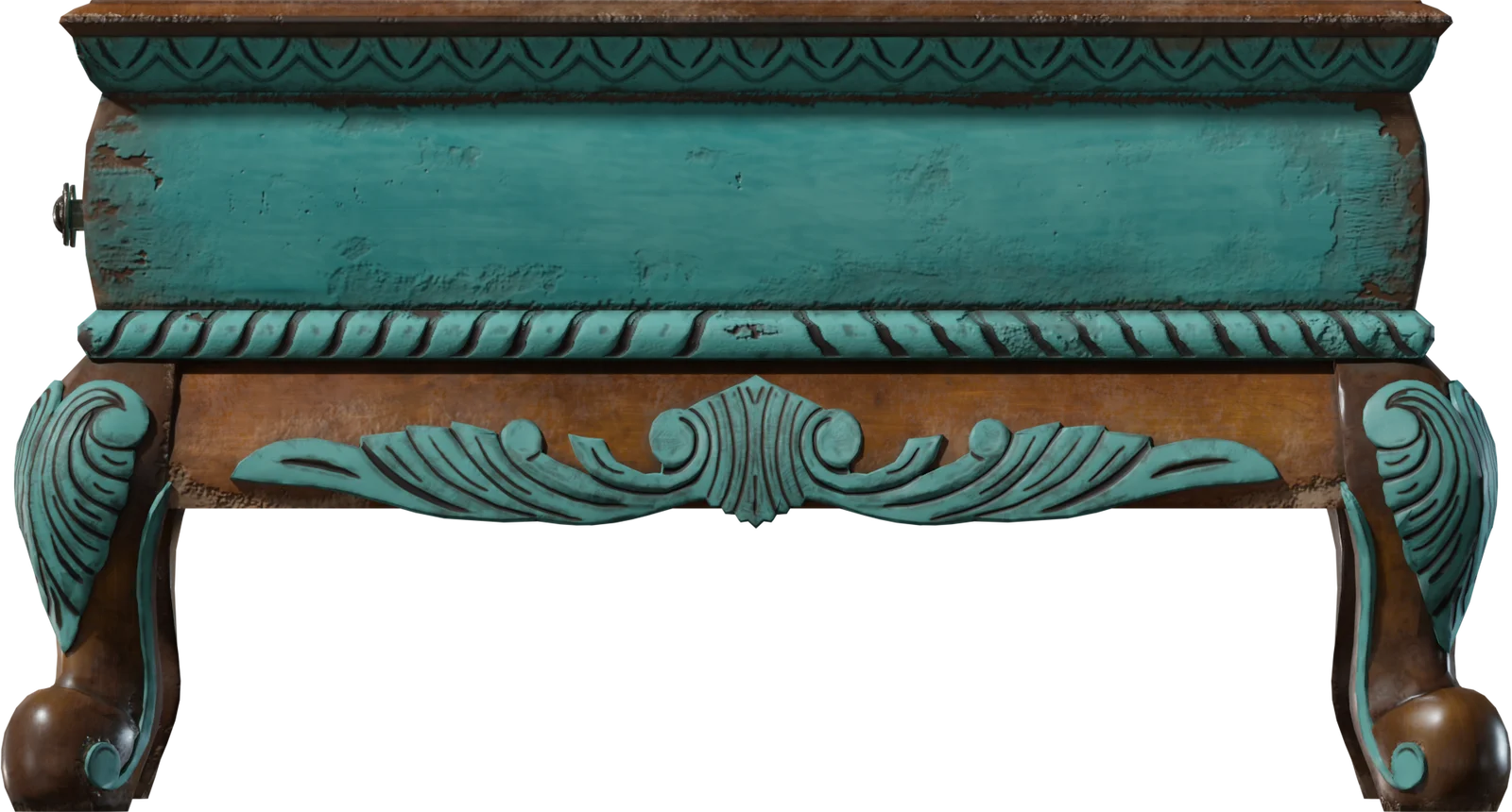 Ornate Distressed Turquoise Coffee Table with Carved Wood Details, 3D model preview 3