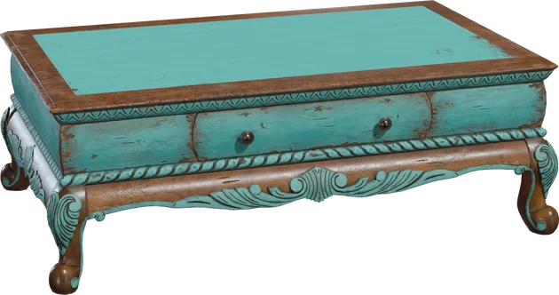 Ornate Distressed Turquoise Coffee Table with Carved Wood Details, 3D model preview 5