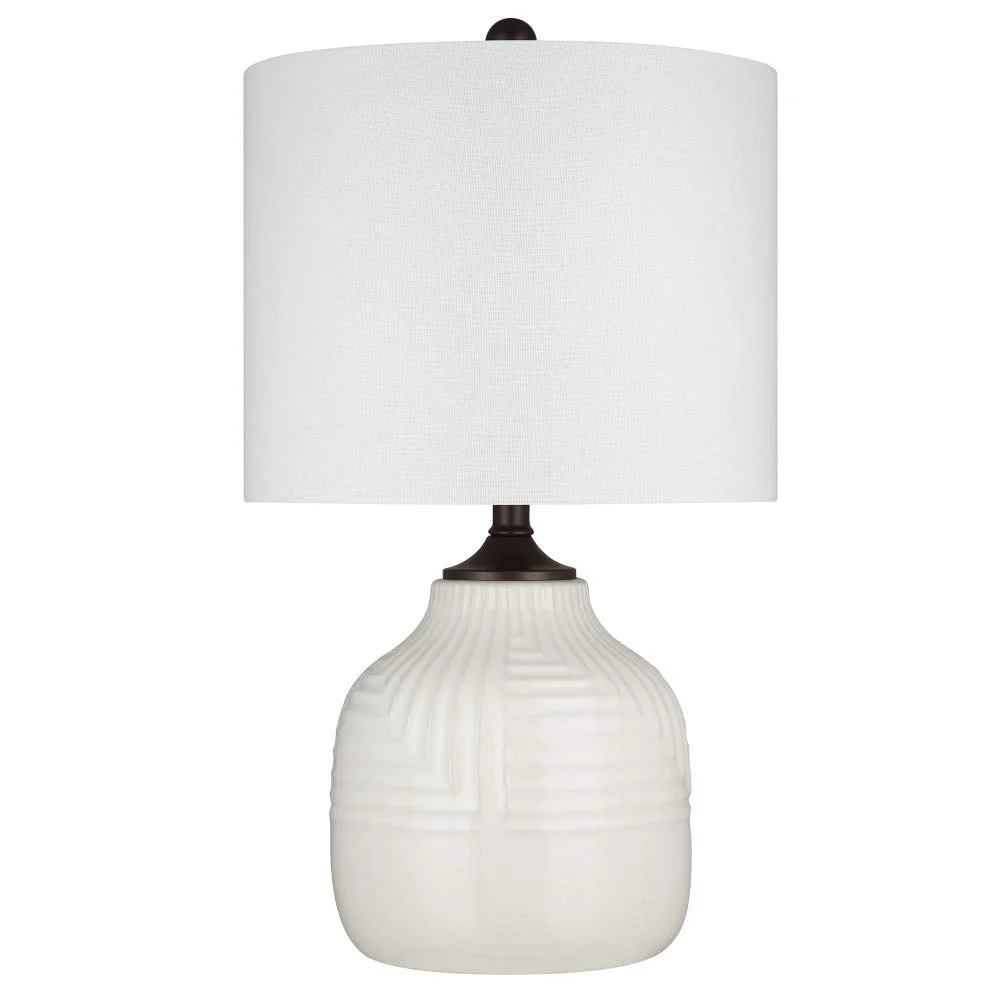 White Ceramic Table Lamp with Geometric Texture and Bronze Accents