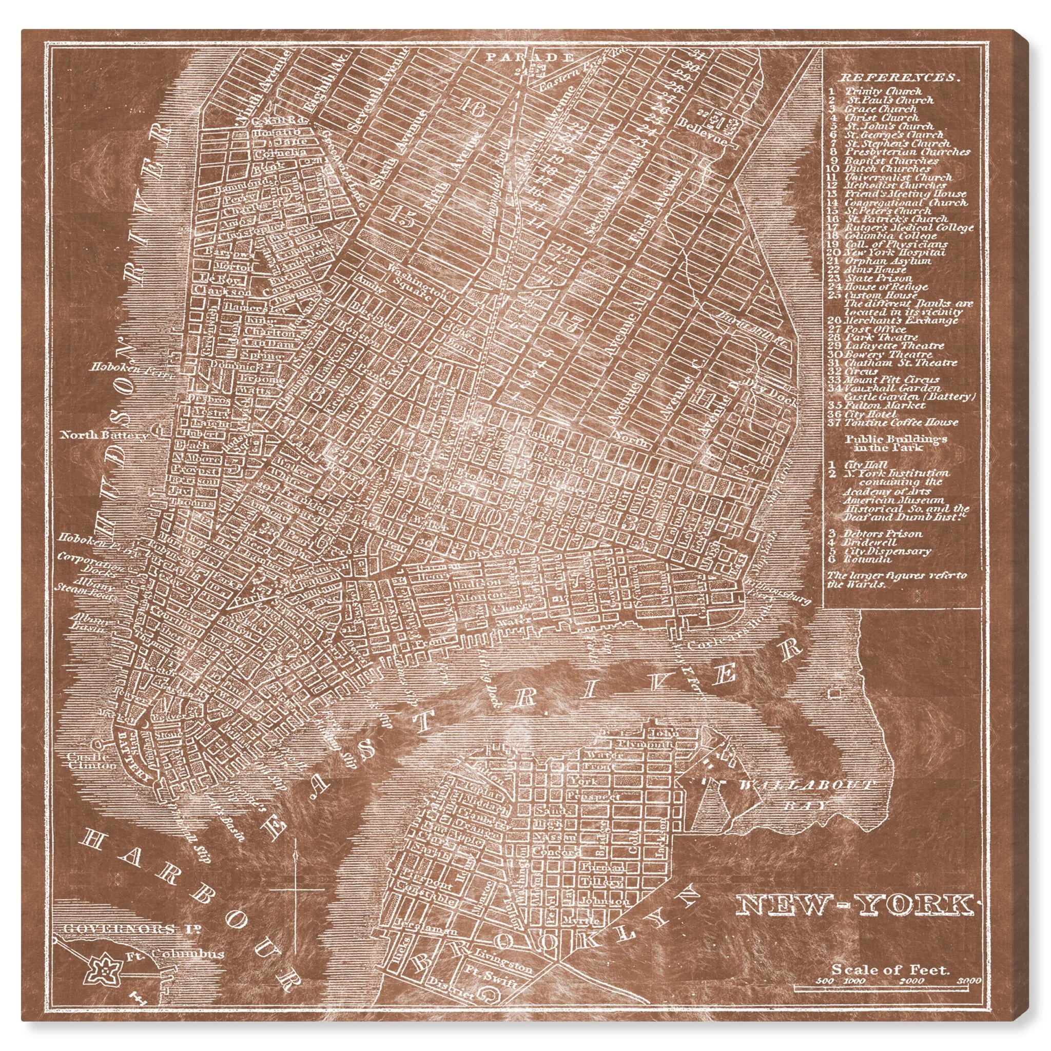 Vintage New York City Map Canvas Wall Art – Copper Metallic Print