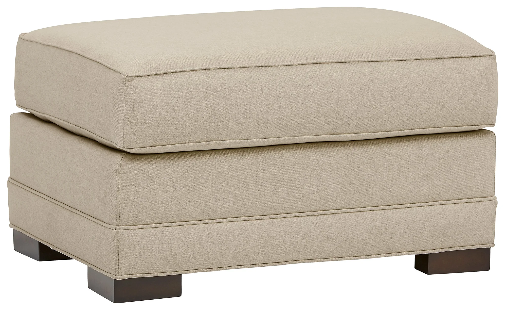 Transitional Upholstered Ottoman – Sand Beige Fabric with Dark Wood Legs
