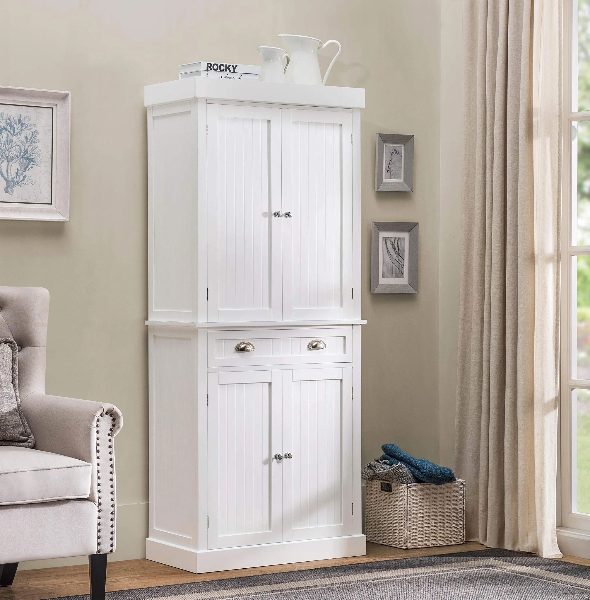 White Farmhouse Storage Cabinet with Doors and Drawer