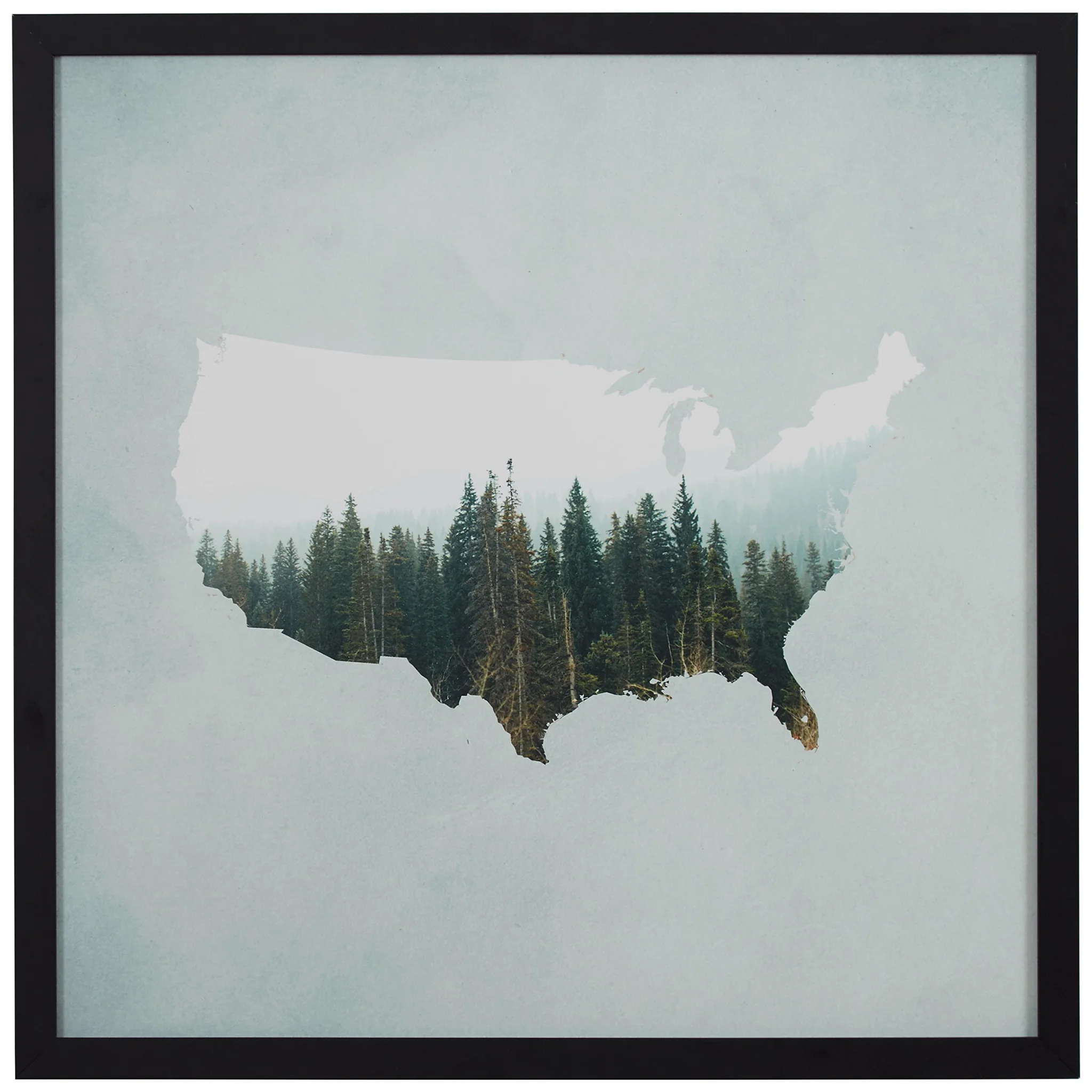 Framed USA Map Forest Silhouette Wall Art Print