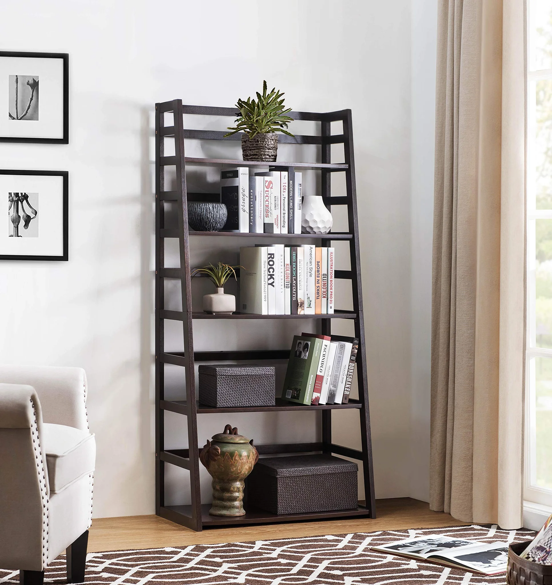 Espresso Ladder Bookcase 5-Shelf Tall Wood Display Shelf