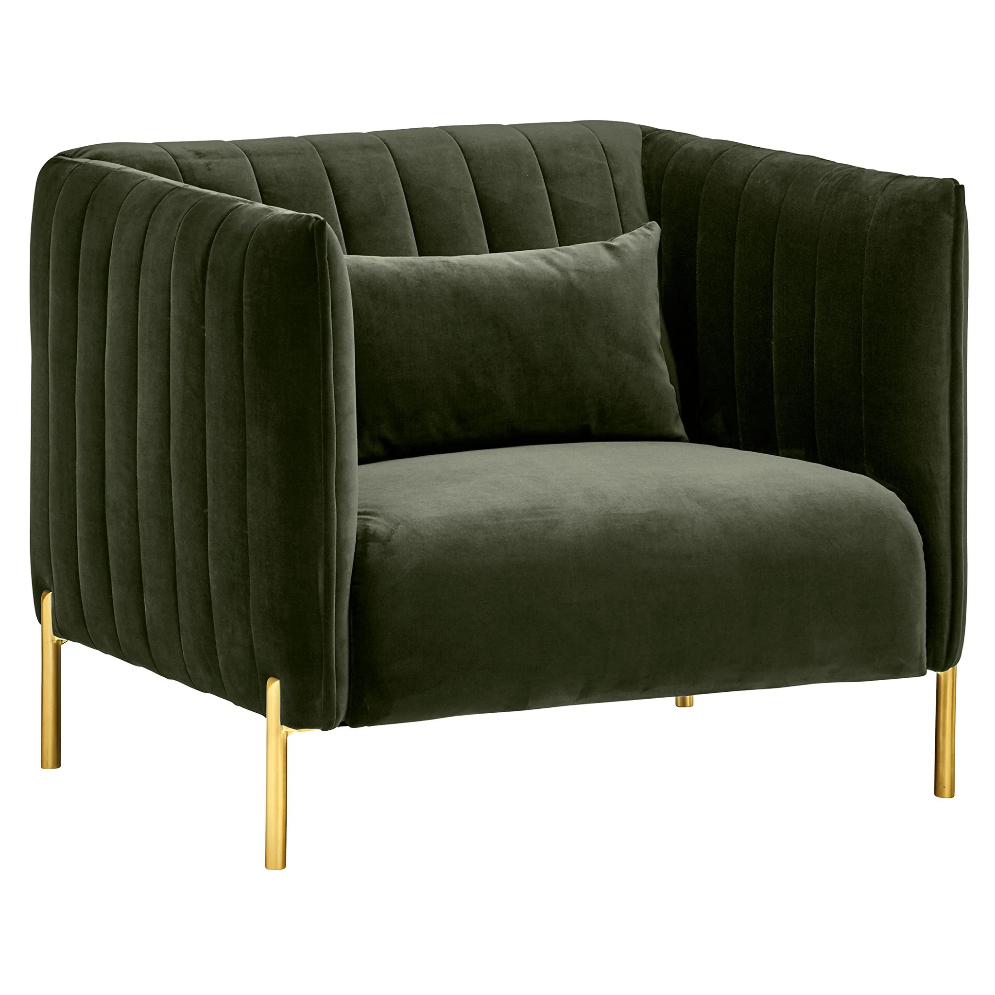 Mid-Century Modern Green Velvet Channel Tufted Armchair with Gold Legs