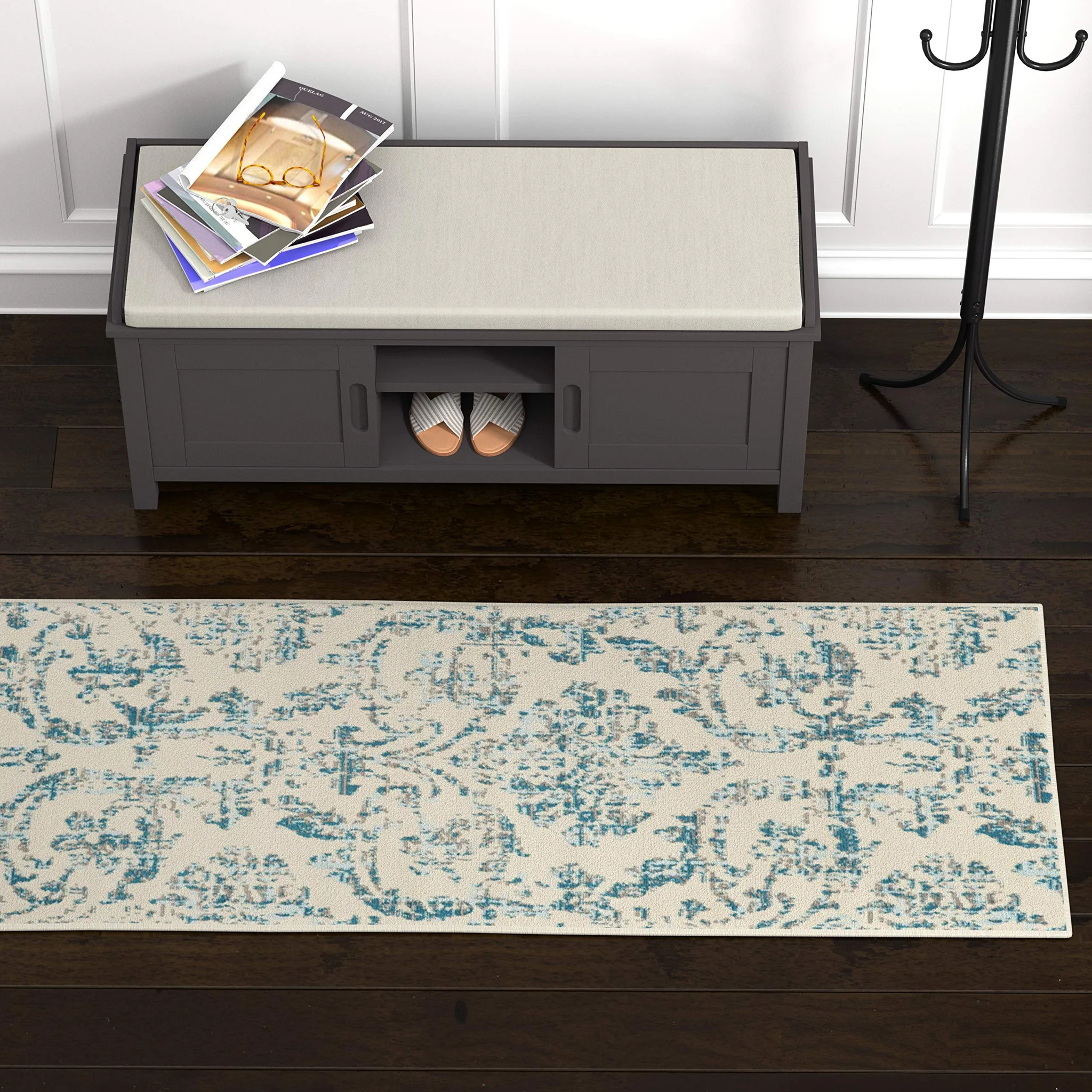 Vintage Damask Runner Rug – Blue on Ivory