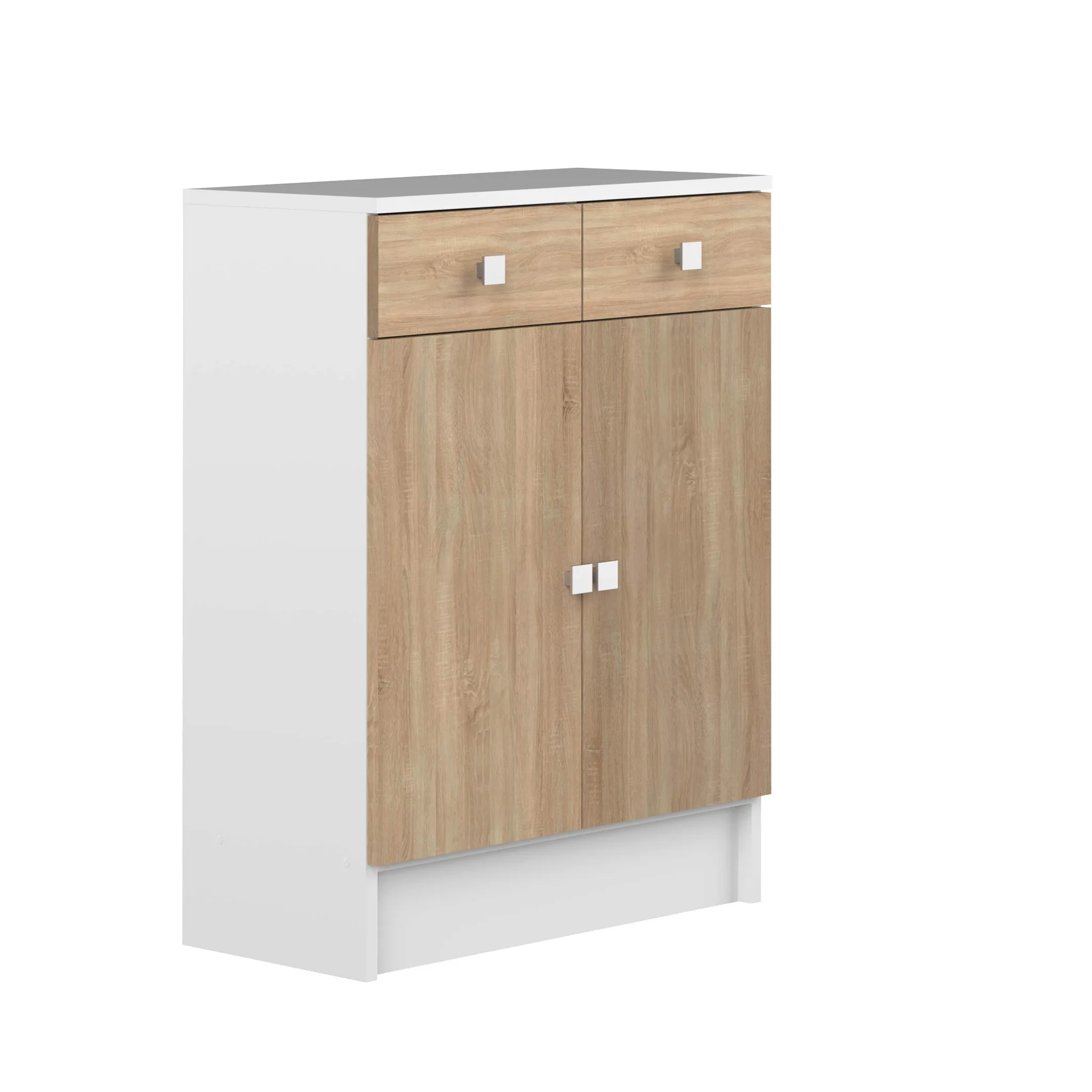 Modern Two-Door Two-Drawer Bathroom Storage Cabinet – White & Oak Effect