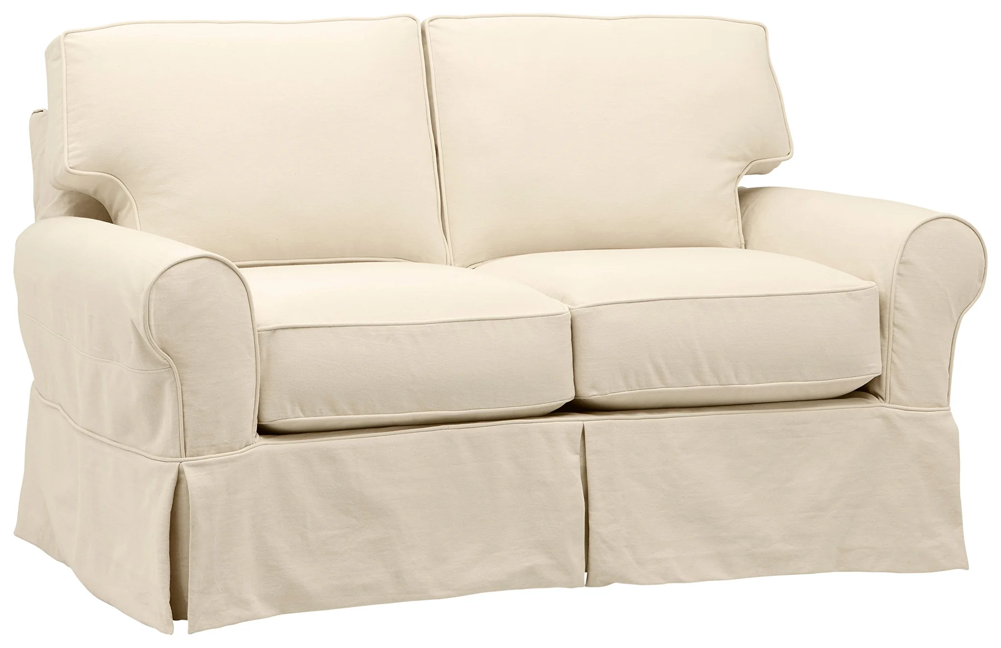 Slipcovered Loveseat Sofa with Rolled Arms and Skirt