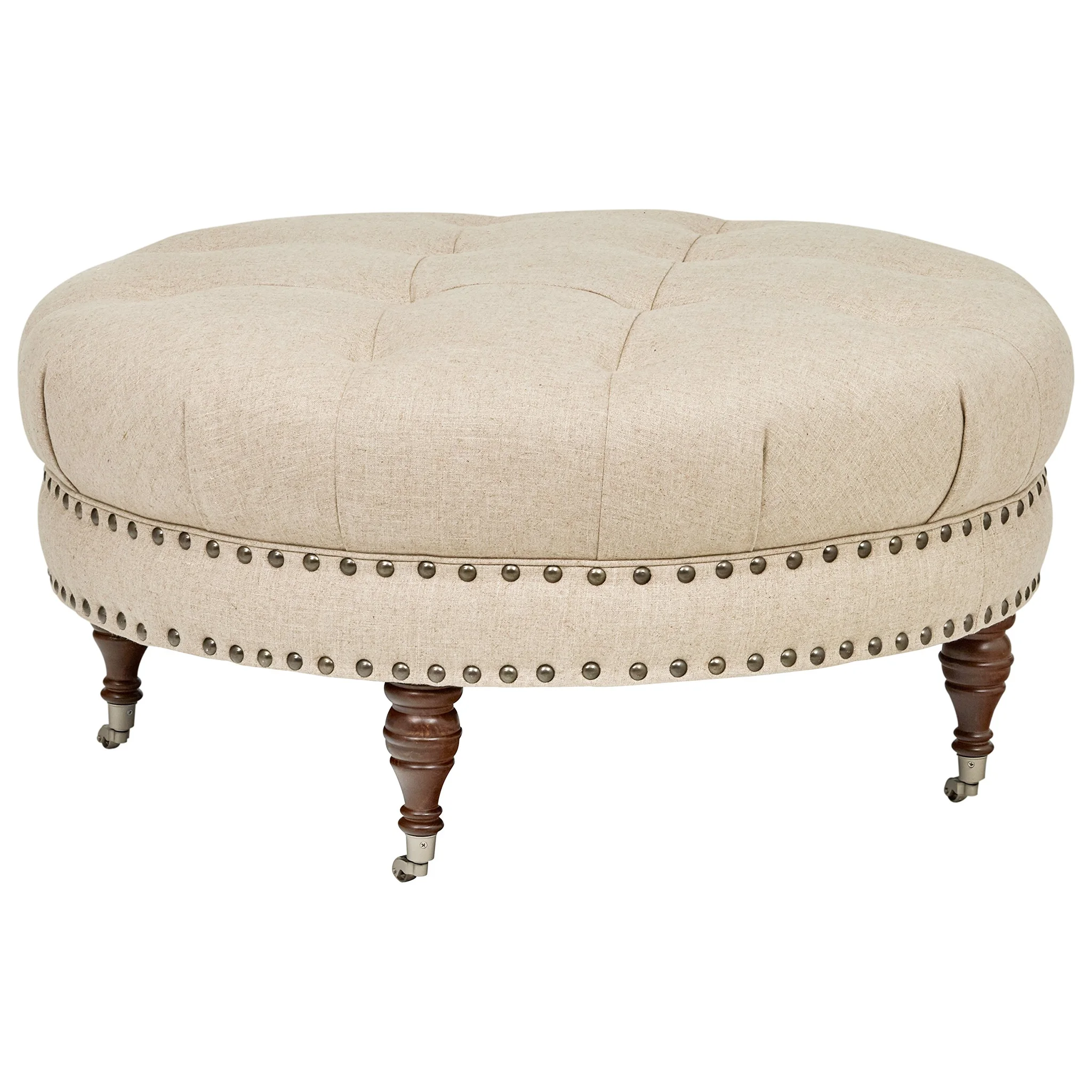 Round Tufted Linen Ottoman with Nailhead Trim and Caster Legs