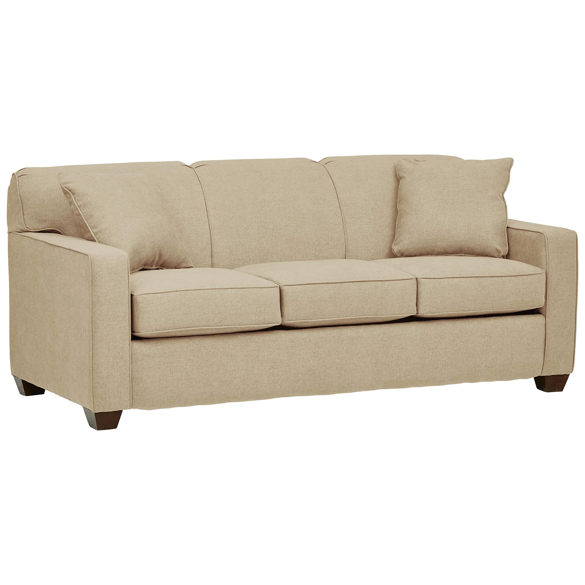Modern Beige Linen Three-Seater Sleeper Sofa with Throw Pillows