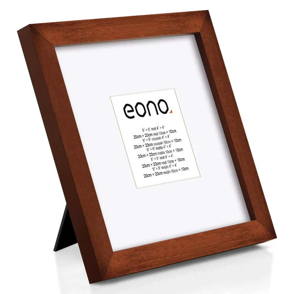 Wooden Picture Frame 8x8 with Mat – Walnut Brown Desktop & Wall Mount