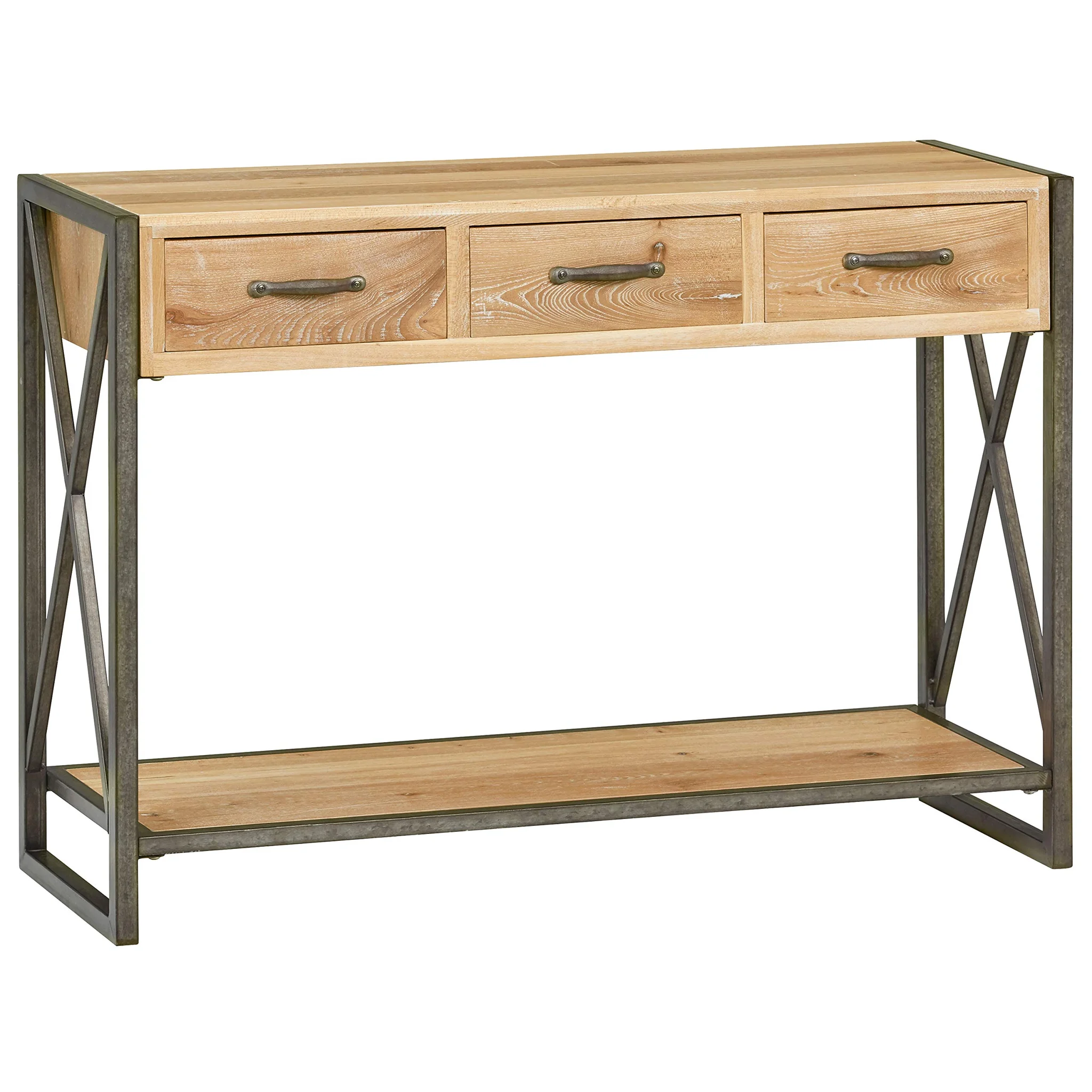 Industrial Console Table with Drawers – Elm Wood and Metal Frame